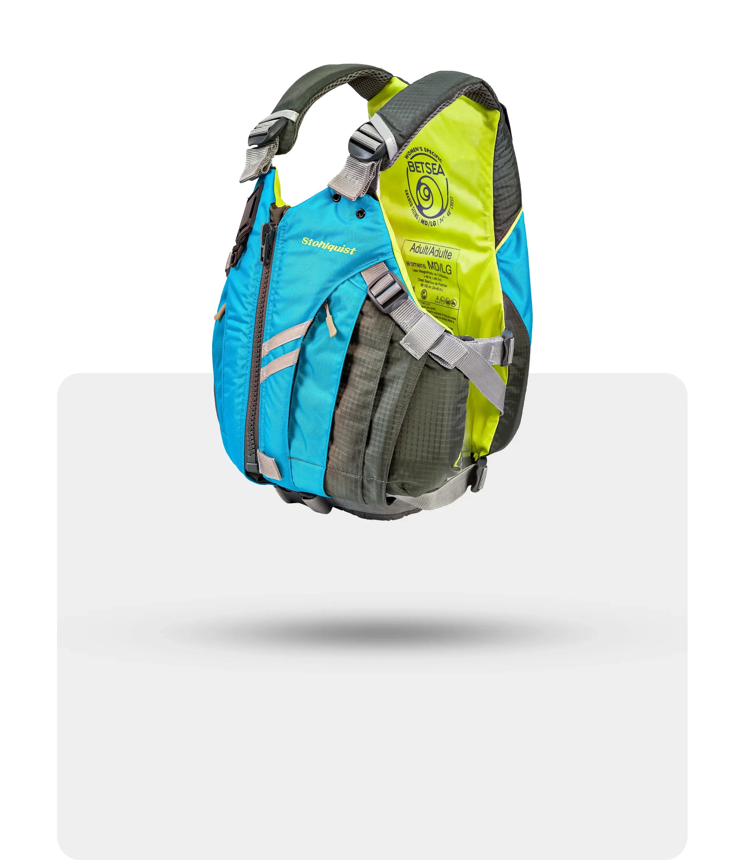 Stohlquist Betsea blue and yellow kayaking life jacket with adjustable straps, side view