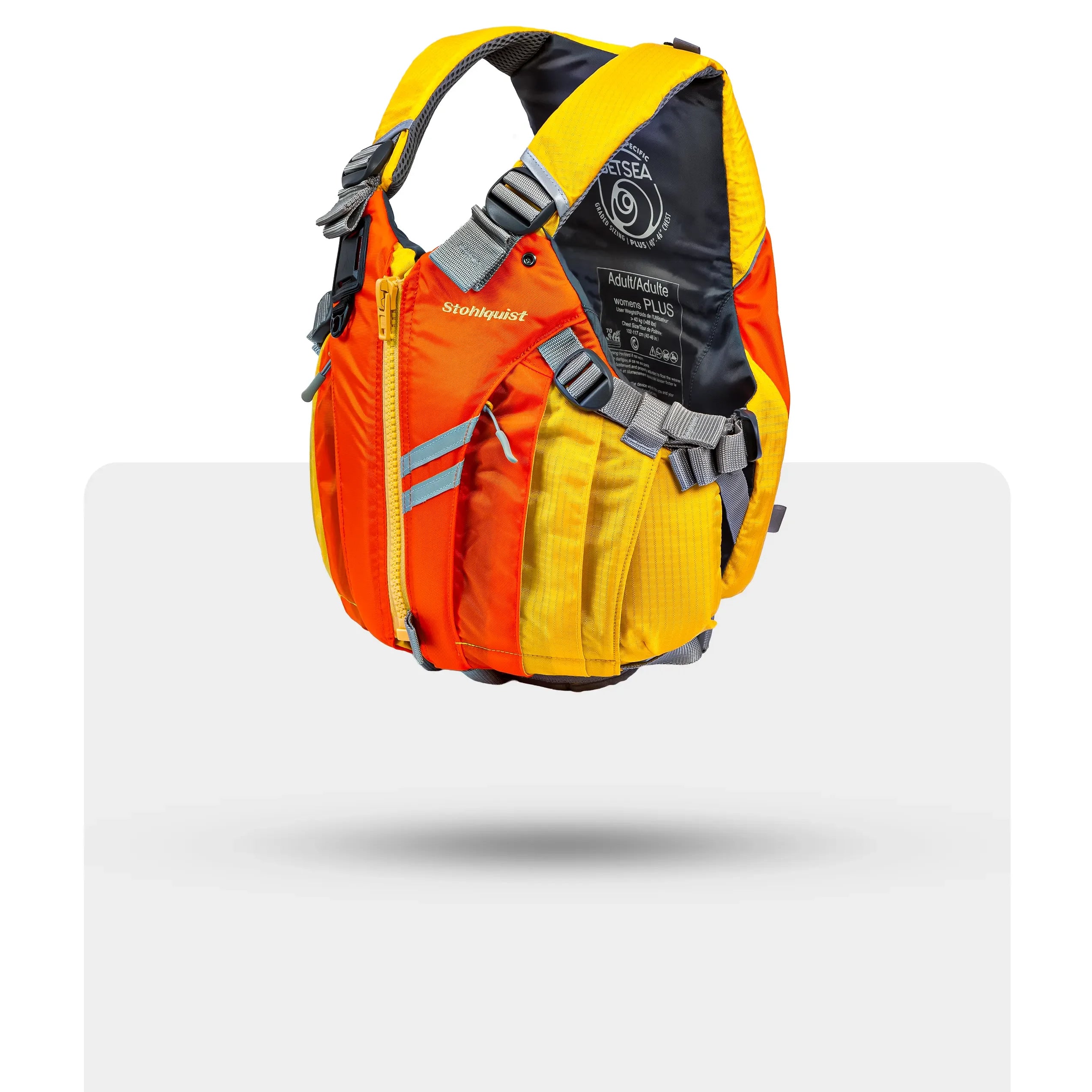Stohlquist orange and yellow kayaking life jacket with reflective strips and adjustable straps
