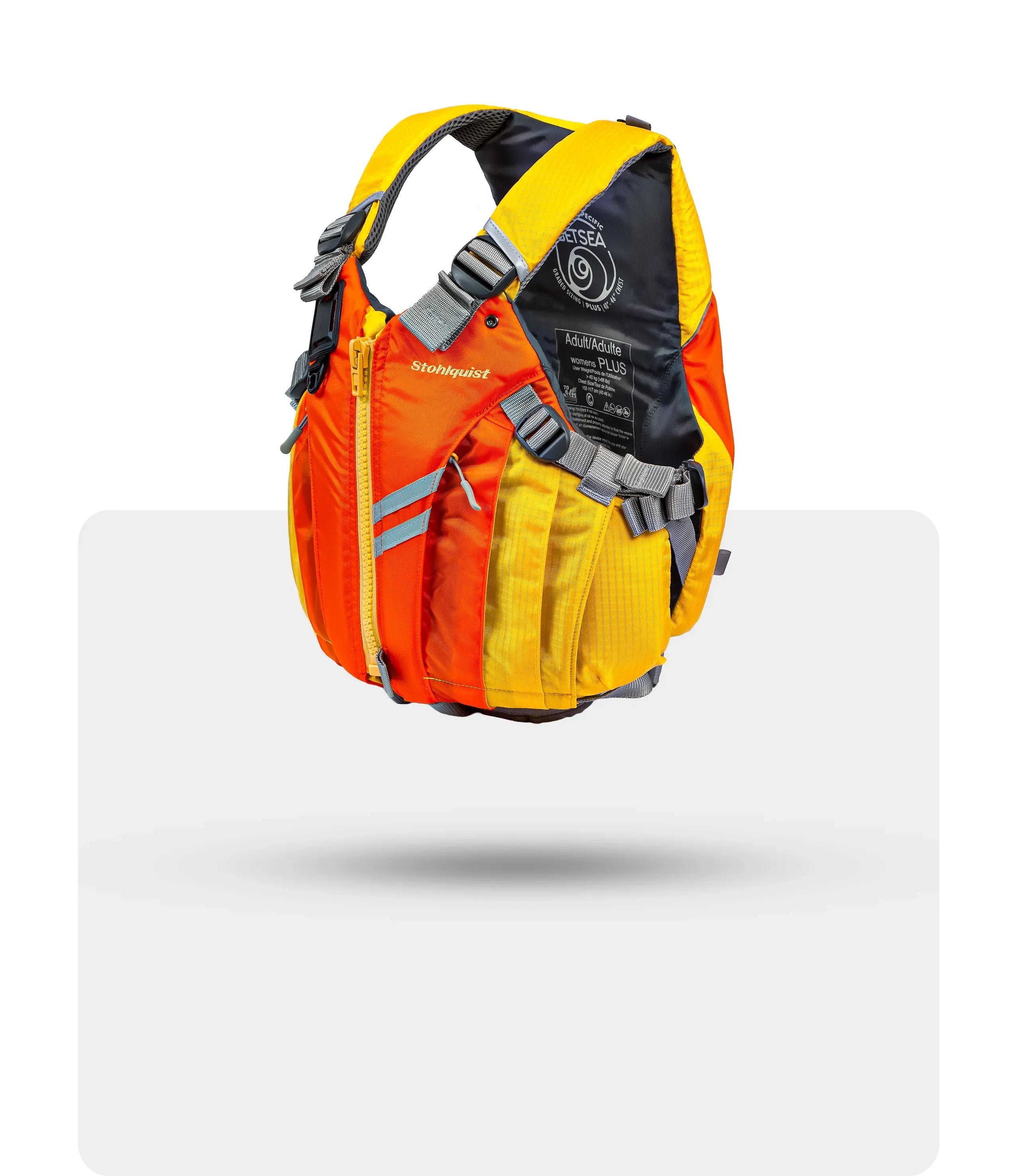 Stohlquist orange and yellow kayaking life jacket with reflective strips and adjustable straps