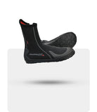 Stohlquist black neoprene kayaking boots with textured sole, side view on white background