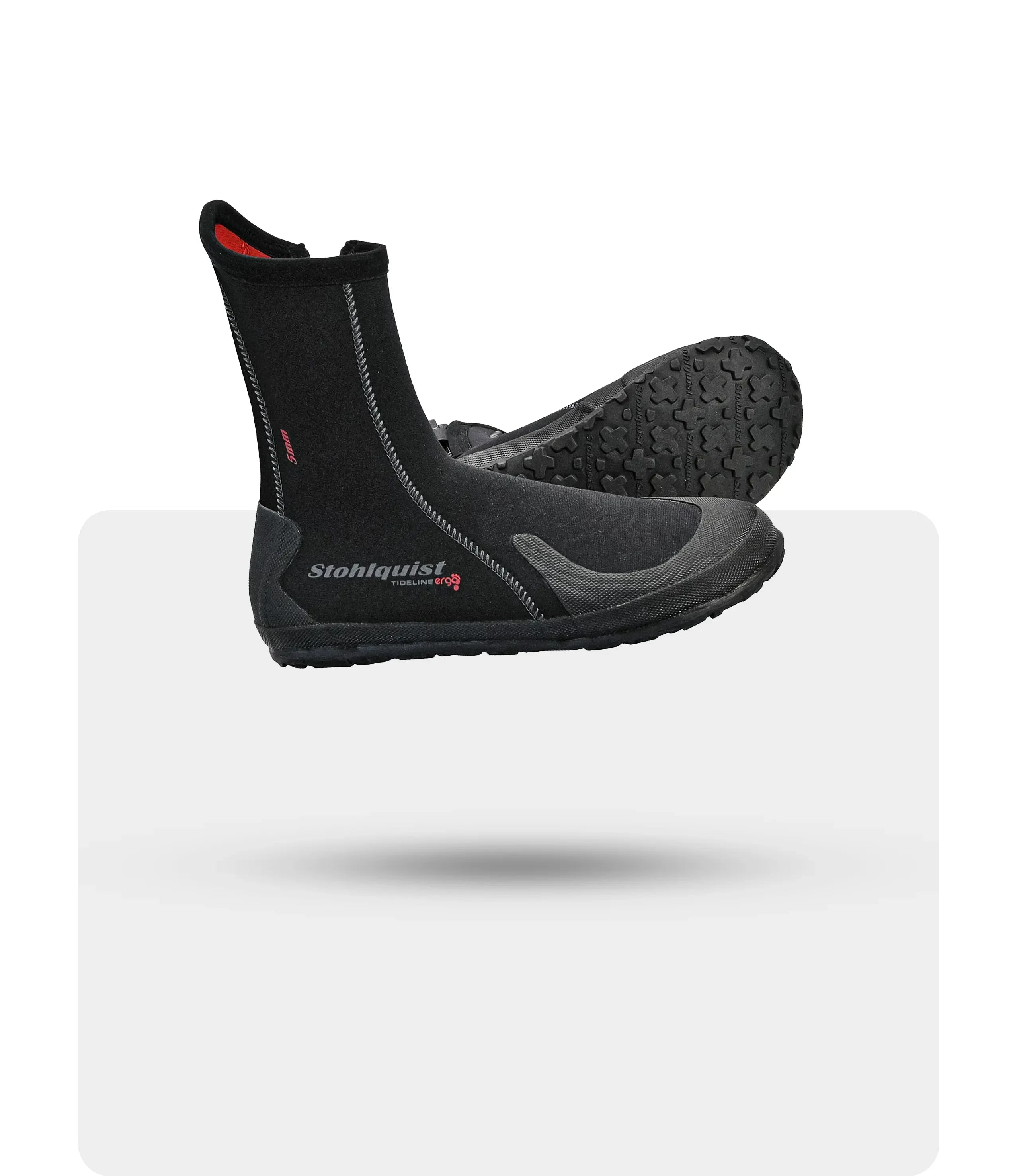 Stohlquist black neoprene kayaking boots with textured sole, side view on white background