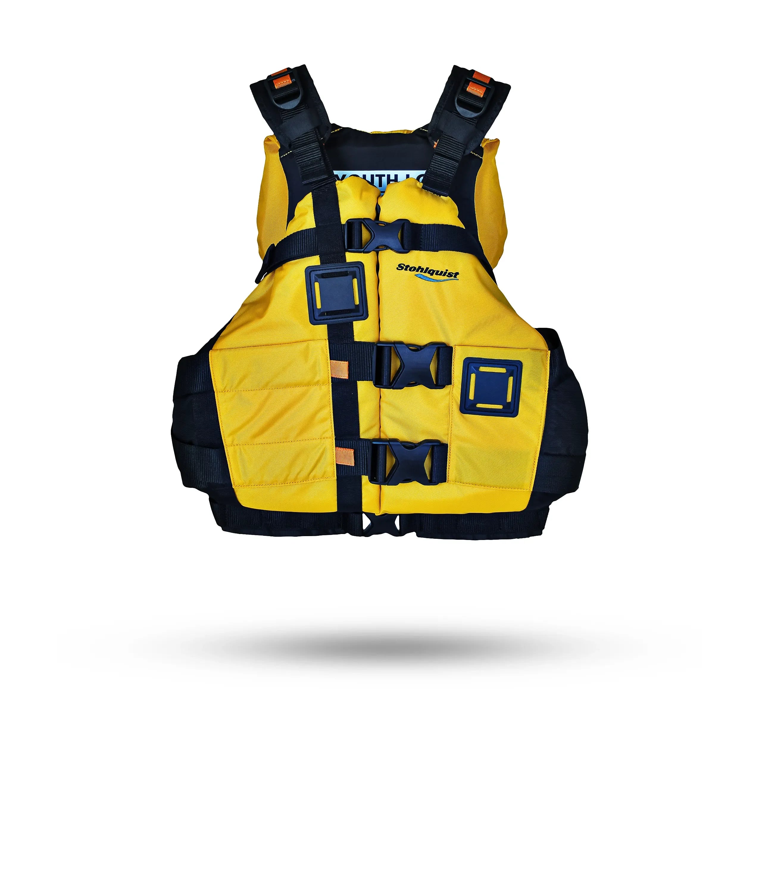 Stohlquist yellow youth kayaking life jacket with black straps and safety buckles