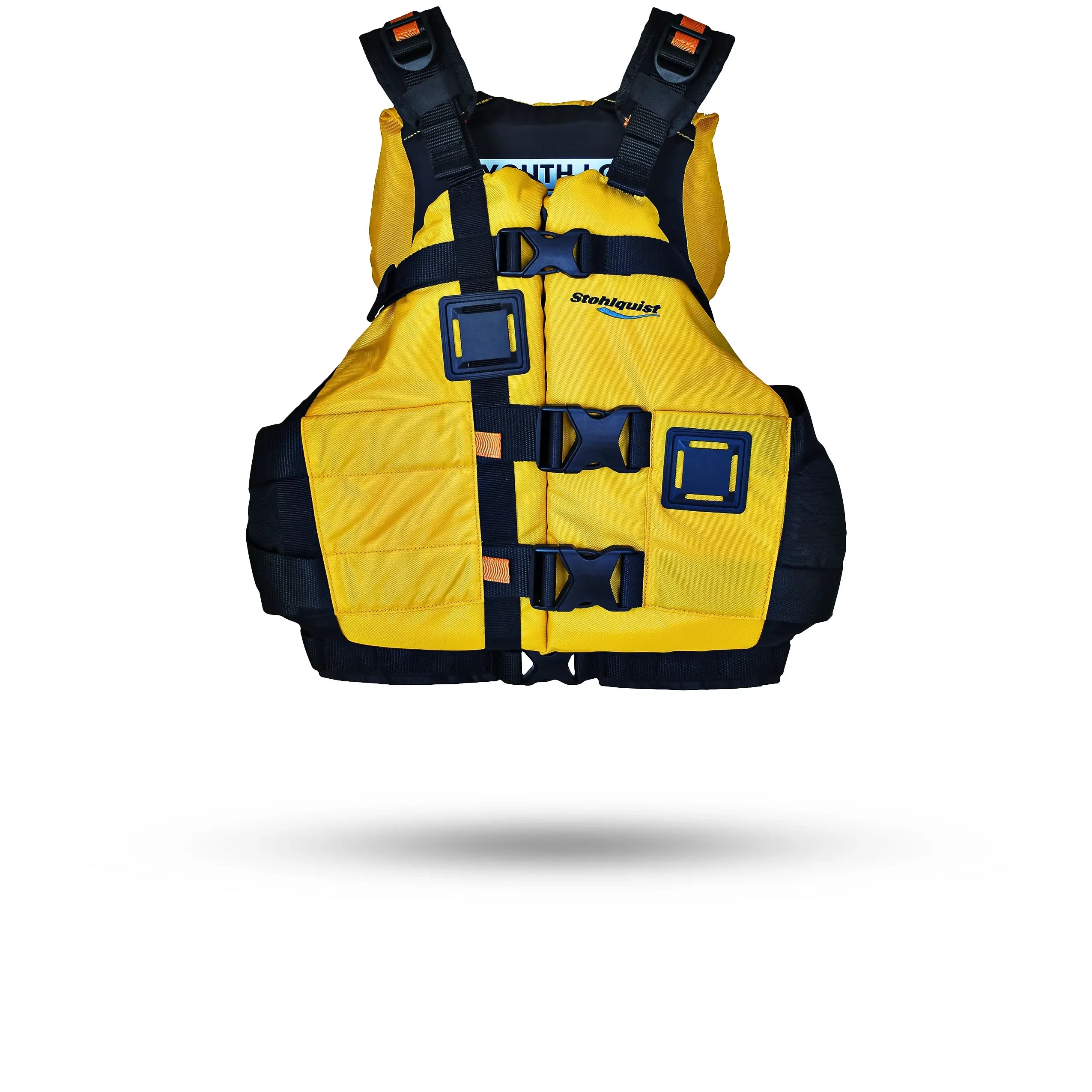 Stohlquist yellow youth kayaking life jacket with black straps and safety buckles