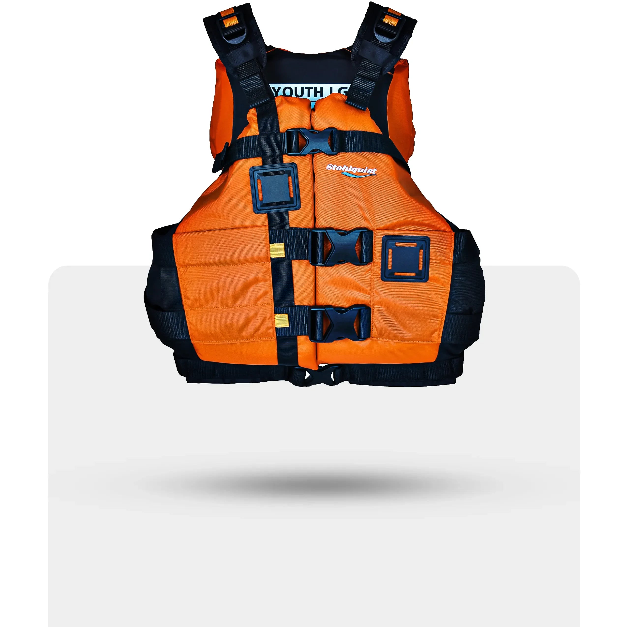 Stohlquist youth orange life jacket with black straps for kayaking and paddling safety