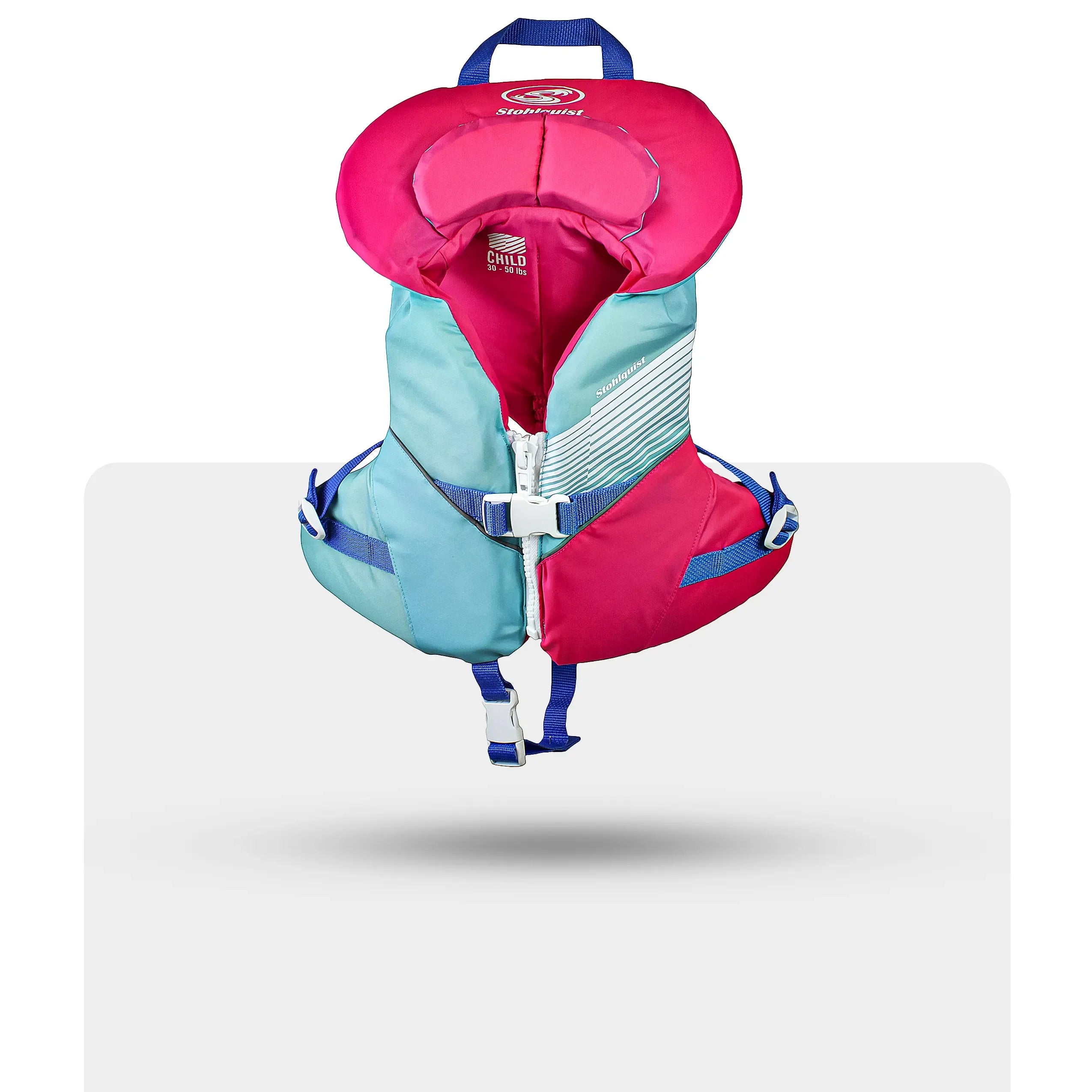 Stohlquist child aqua pink life jacket for kayaking and paddling safety, front view
