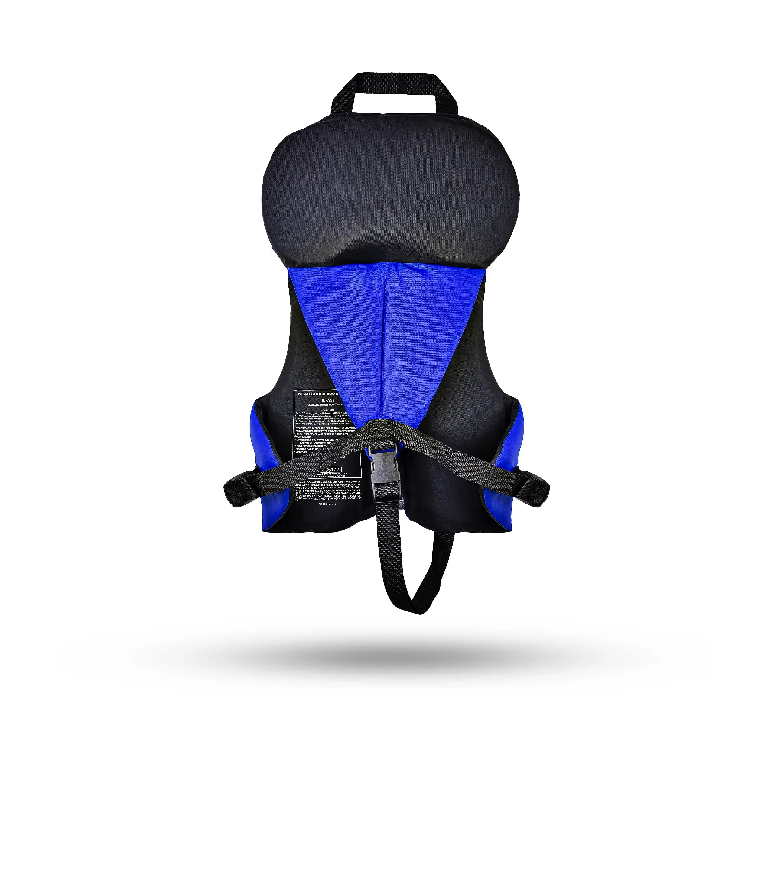 Stohlquist child blue and black life jacket, back view with strap, for kayaking safety