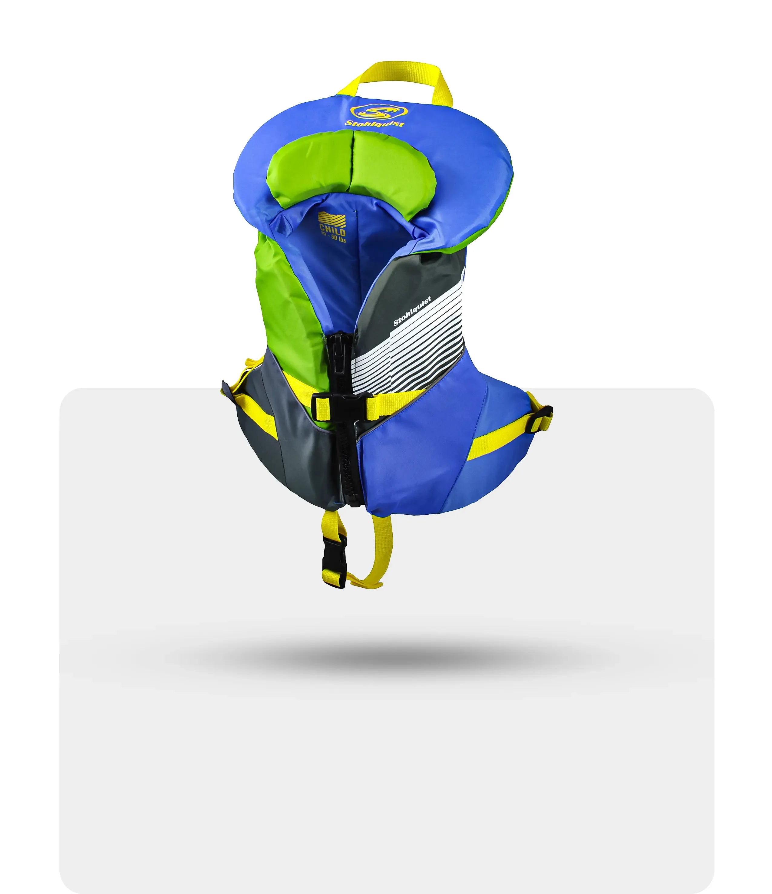 Stohlquist child life jacket in blue and green with safety straps, ideal for kayaking and water sports.