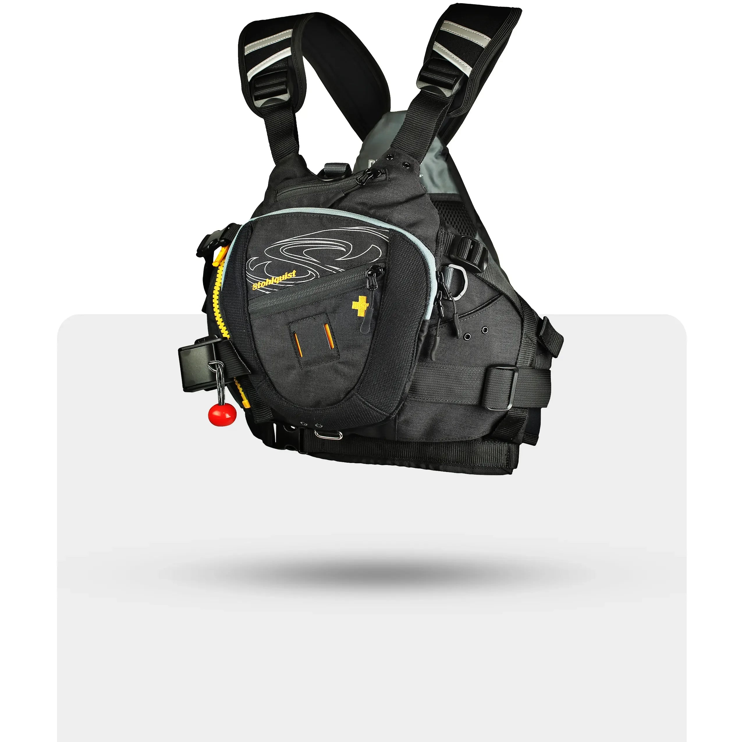 Stohlquist black kayaking life jacket with secure straps and front zippered pocket