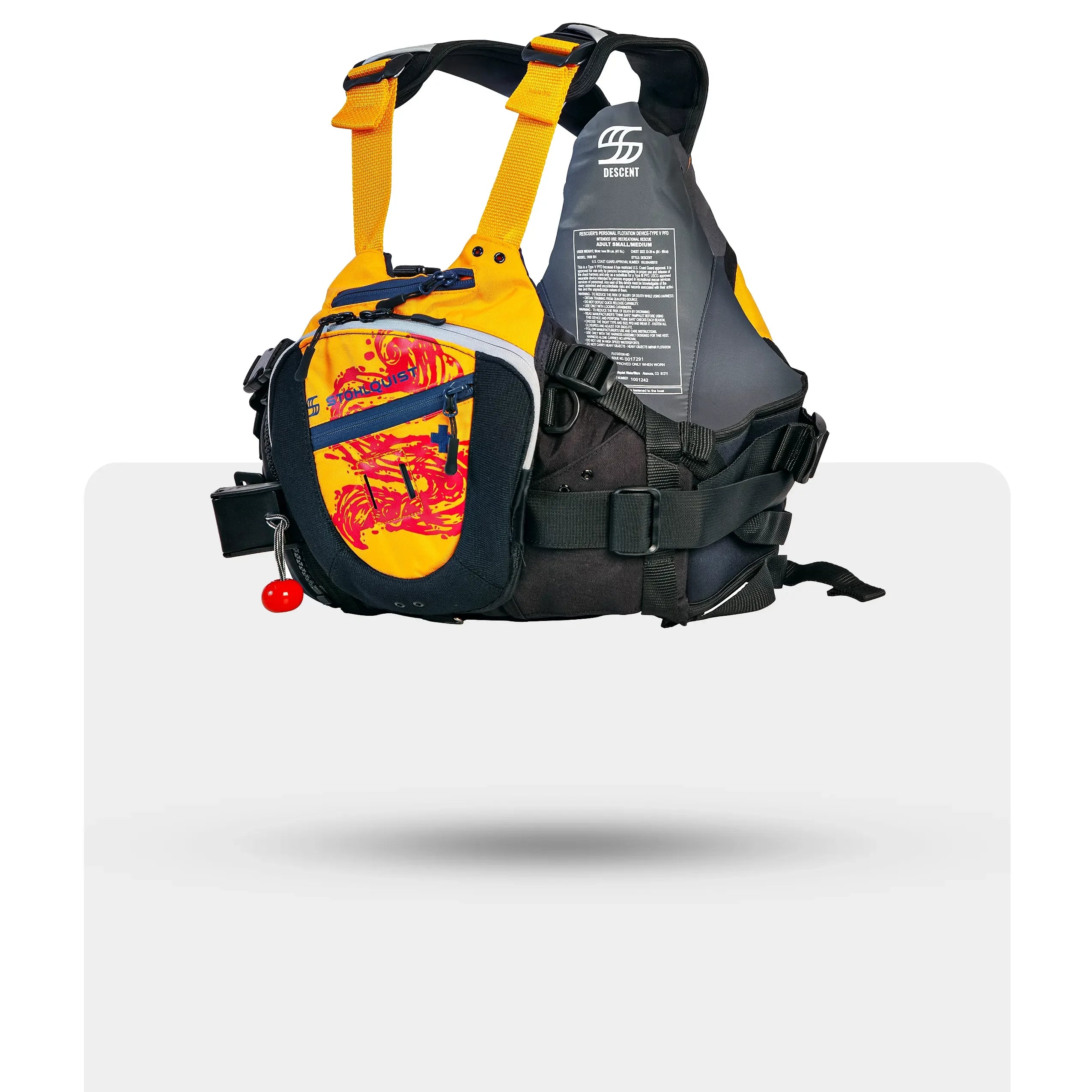 Stohlquist Descent yellow and black kayak life jacket with graphic front pocket on white background