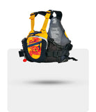 Stohlquist Descent yellow and black kayak life jacket with graphic front pocket on white background