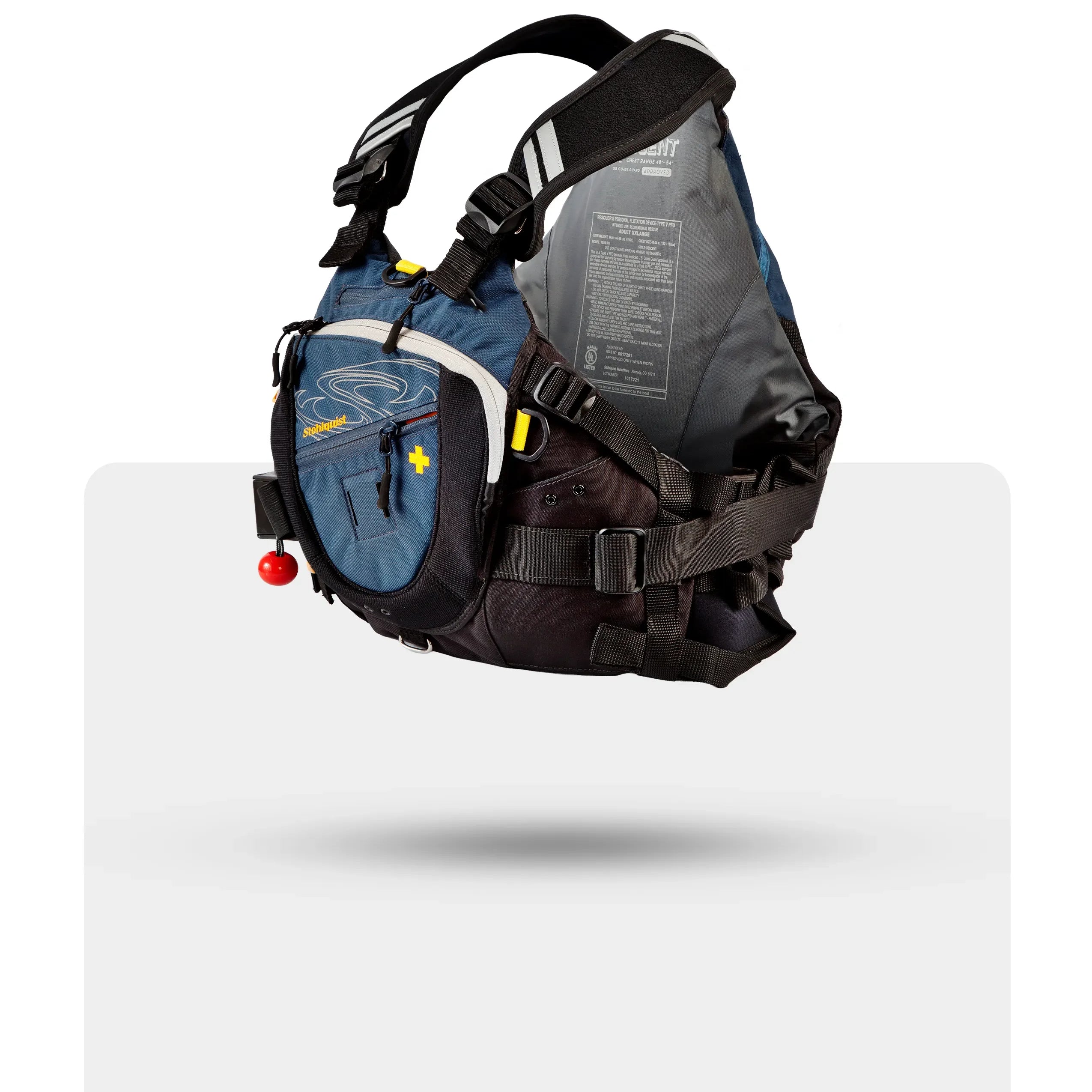 Stohlquist navy blue kayaking life jacket with multiple pockets and safety straps on white background