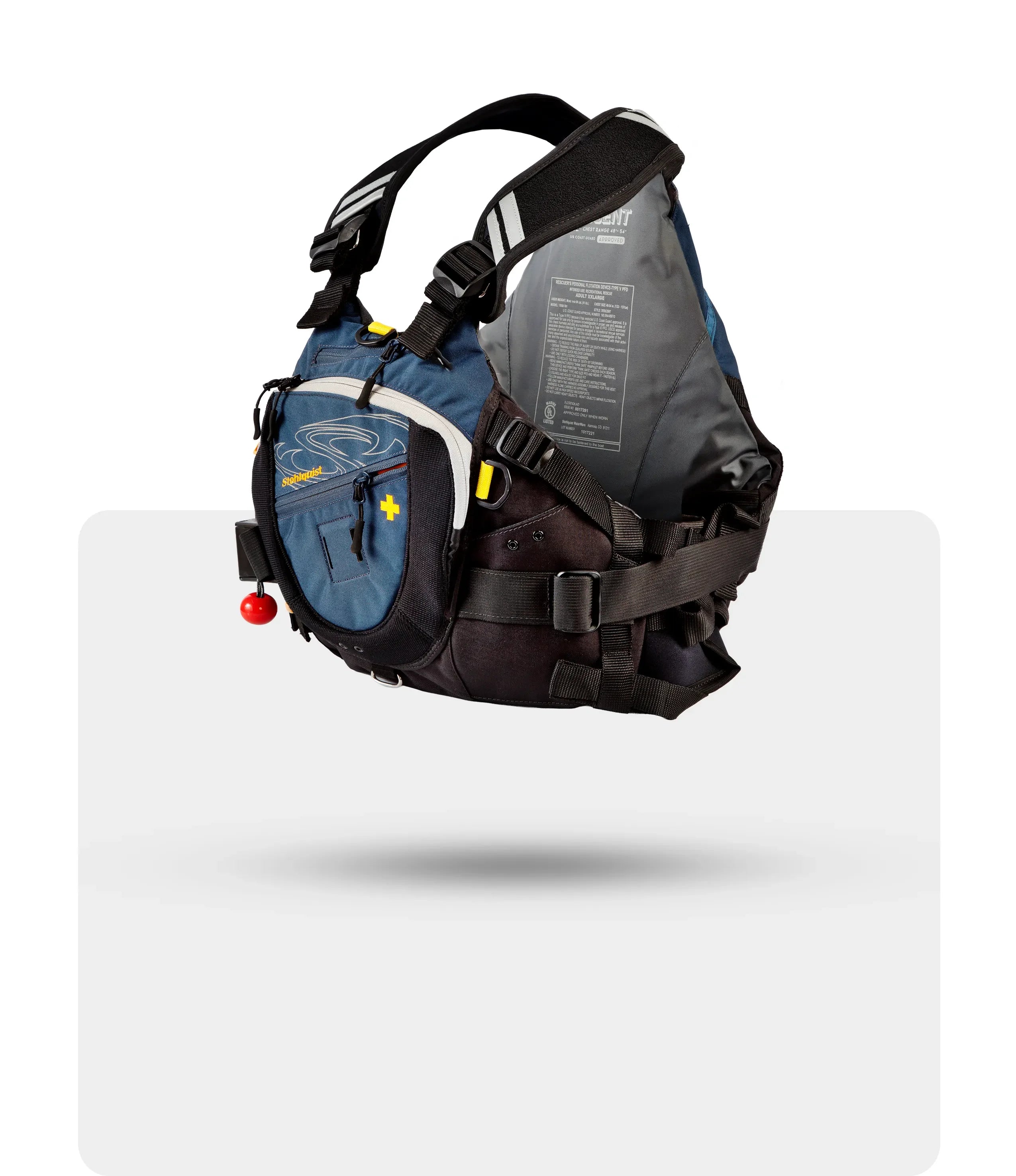 Stohlquist navy blue kayaking life jacket with multiple pockets and safety straps on white background