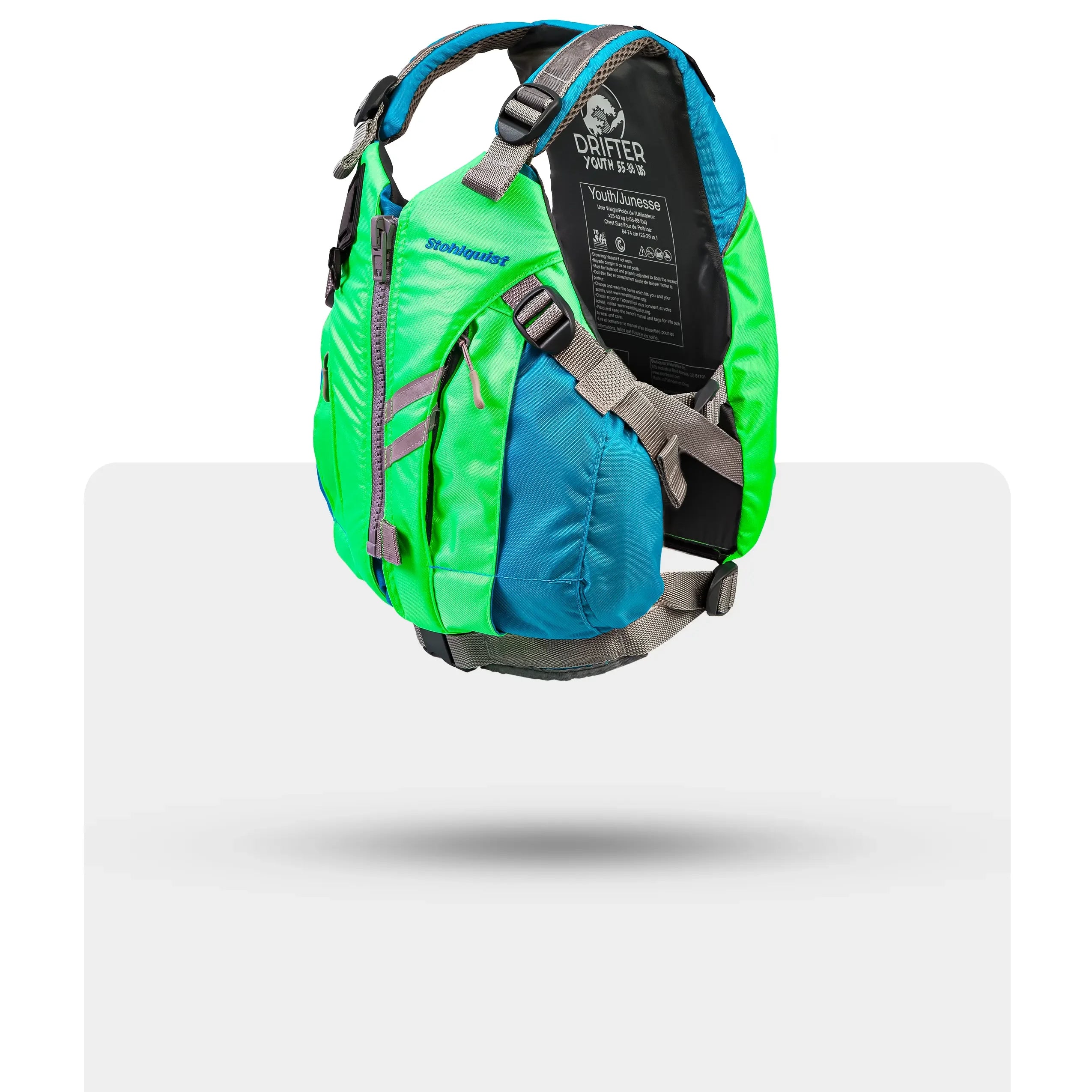 Stohlquist Drifter Youth green life jacket for kayaking and paddling, side view