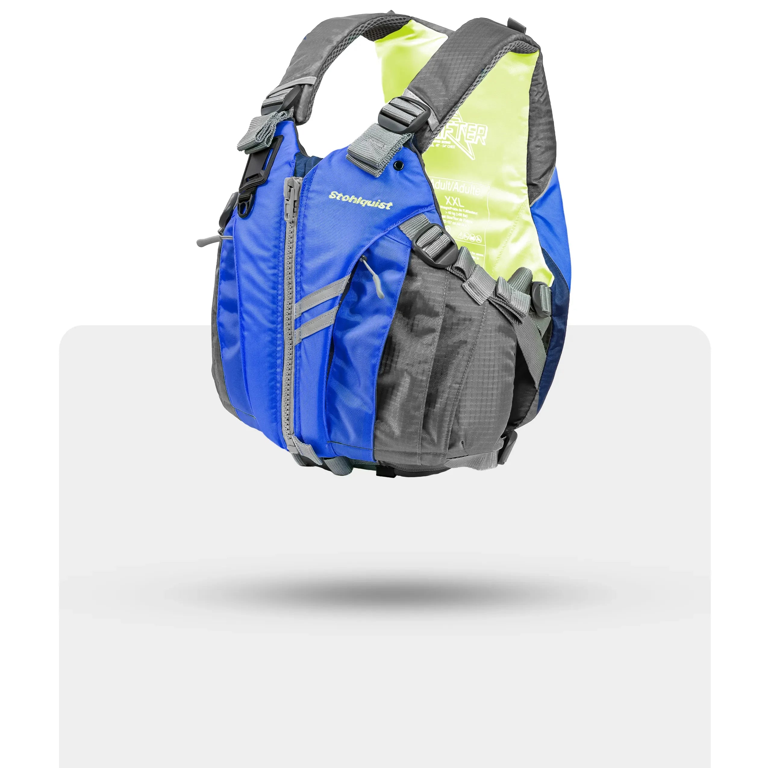 Stohlquist sapphire blue kayak life jacket with grey straps and bright yellow interior.