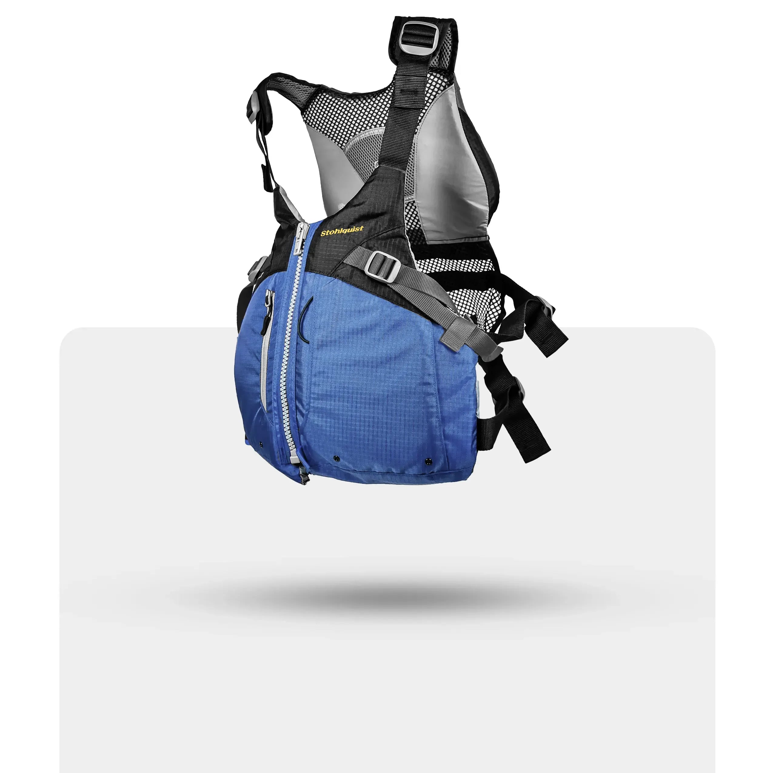 Stohlquist navy blue kayaking life jacket with mesh back and adjustable straps, side view.