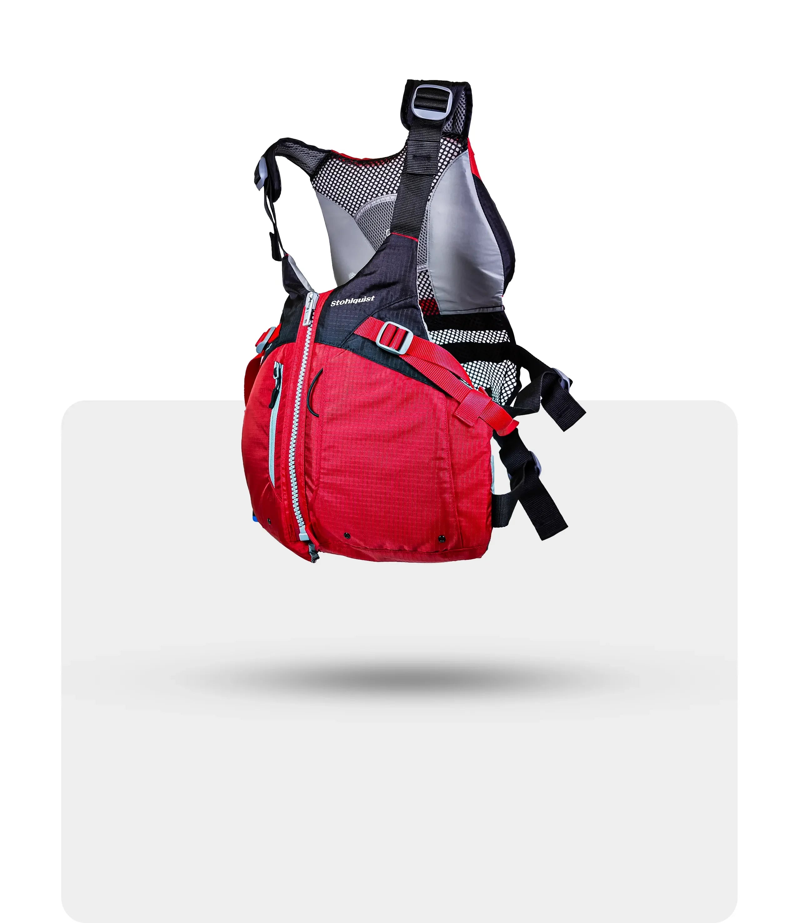 Stohlquist red kayaking life jacket with black mesh back and adjustable straps