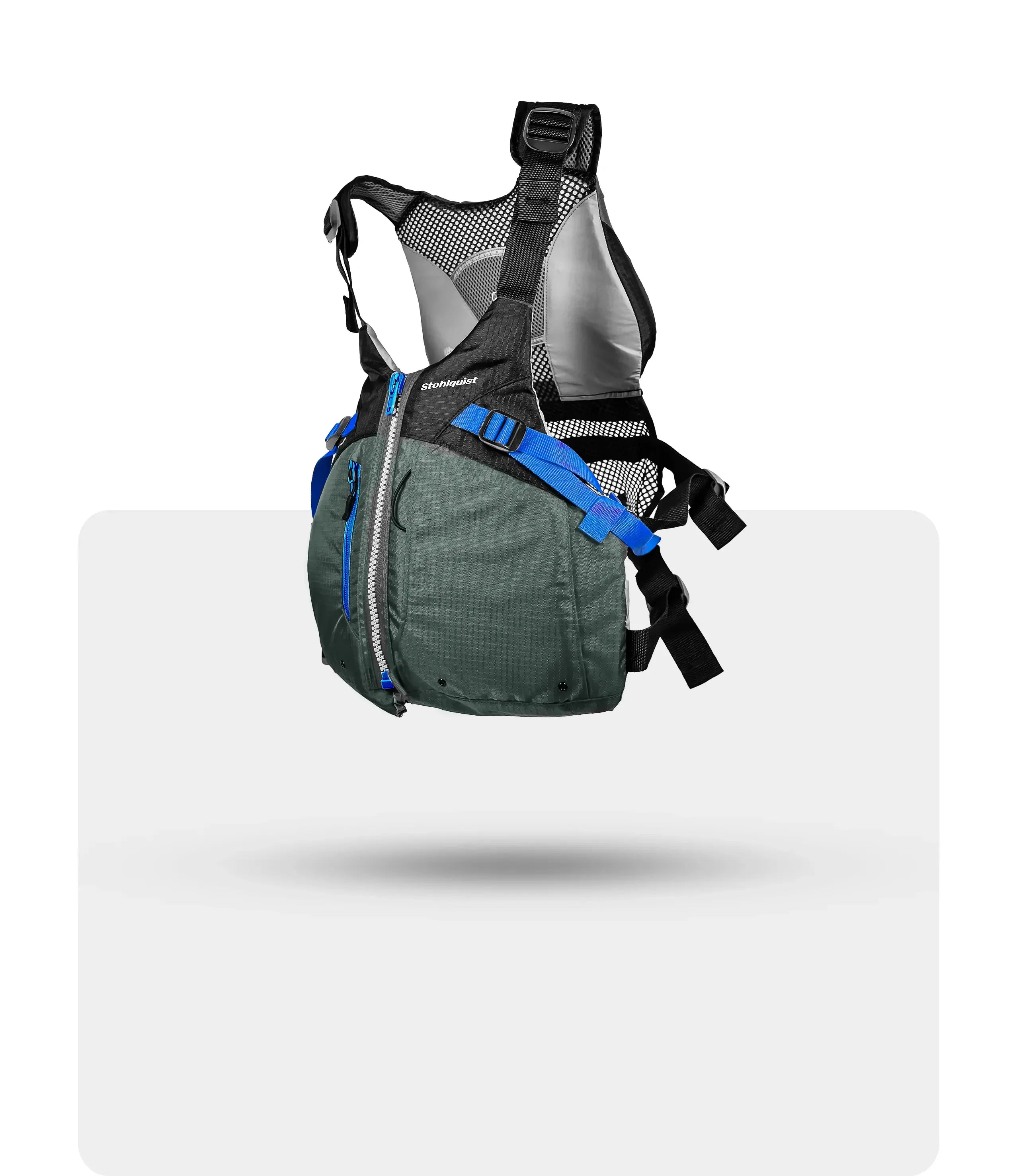 Stohlquist green and black kayaking life jacket with blue straps, mesh back, and front zipper.