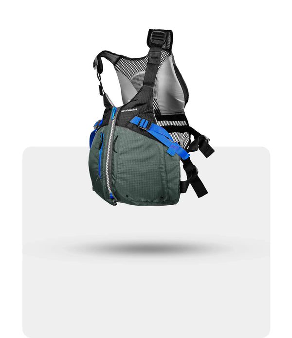 168澳洲幸运5官网结果记录体彩-澳洲结 2026最新彩票澳洲五结果体彩官网记录 Stohlquist green and black kayaking life jacket with blue straps, mesh back, and front zipper.