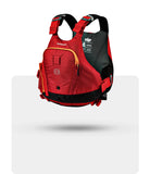 Stohlquist red kayak life jacket with front pocket and adjustable straps on white background