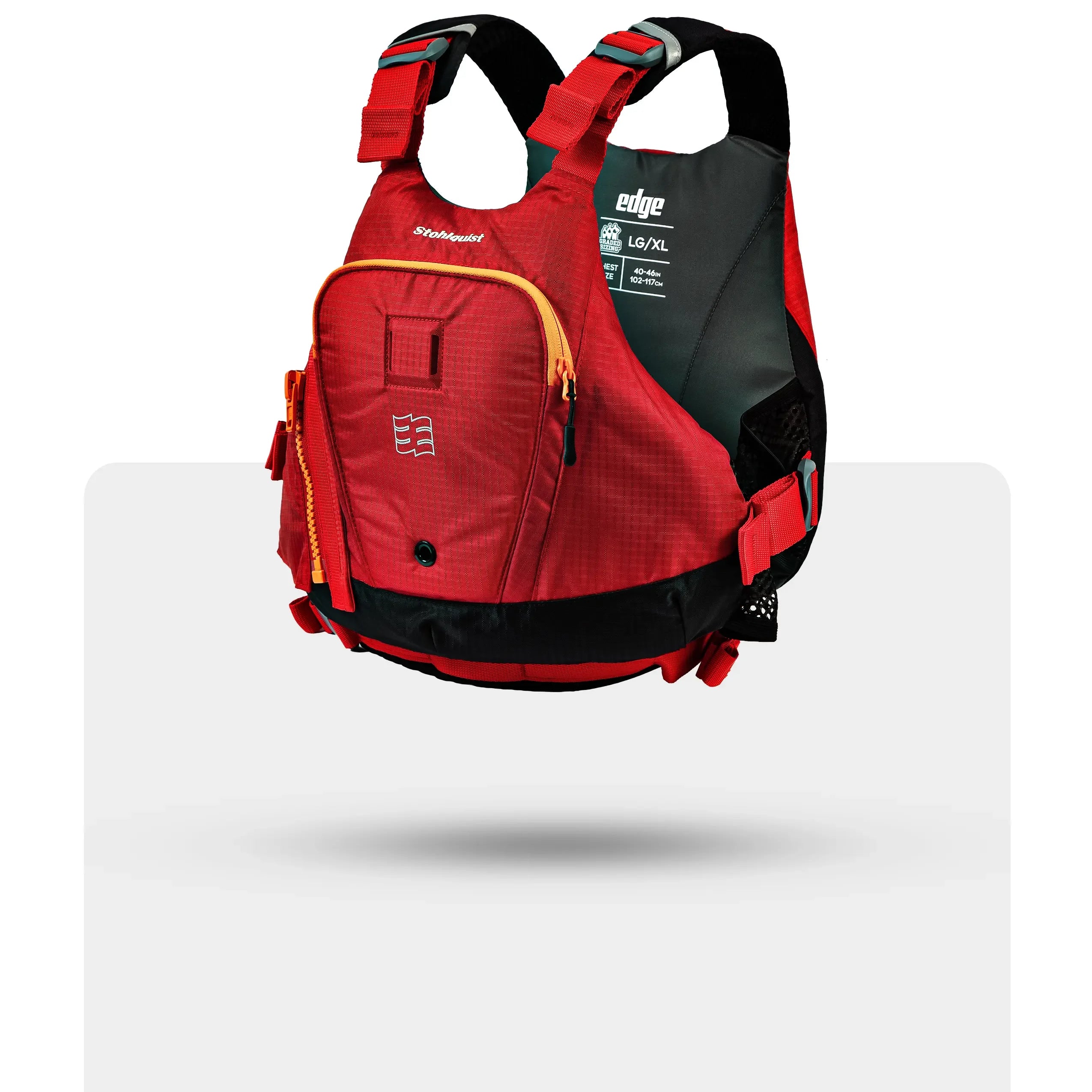 Stohlquist red kayak life jacket with front pocket and adjustable straps on white background