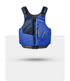 Stohlquist blue kayaking life jacket with black straps and geometric pattern, front view