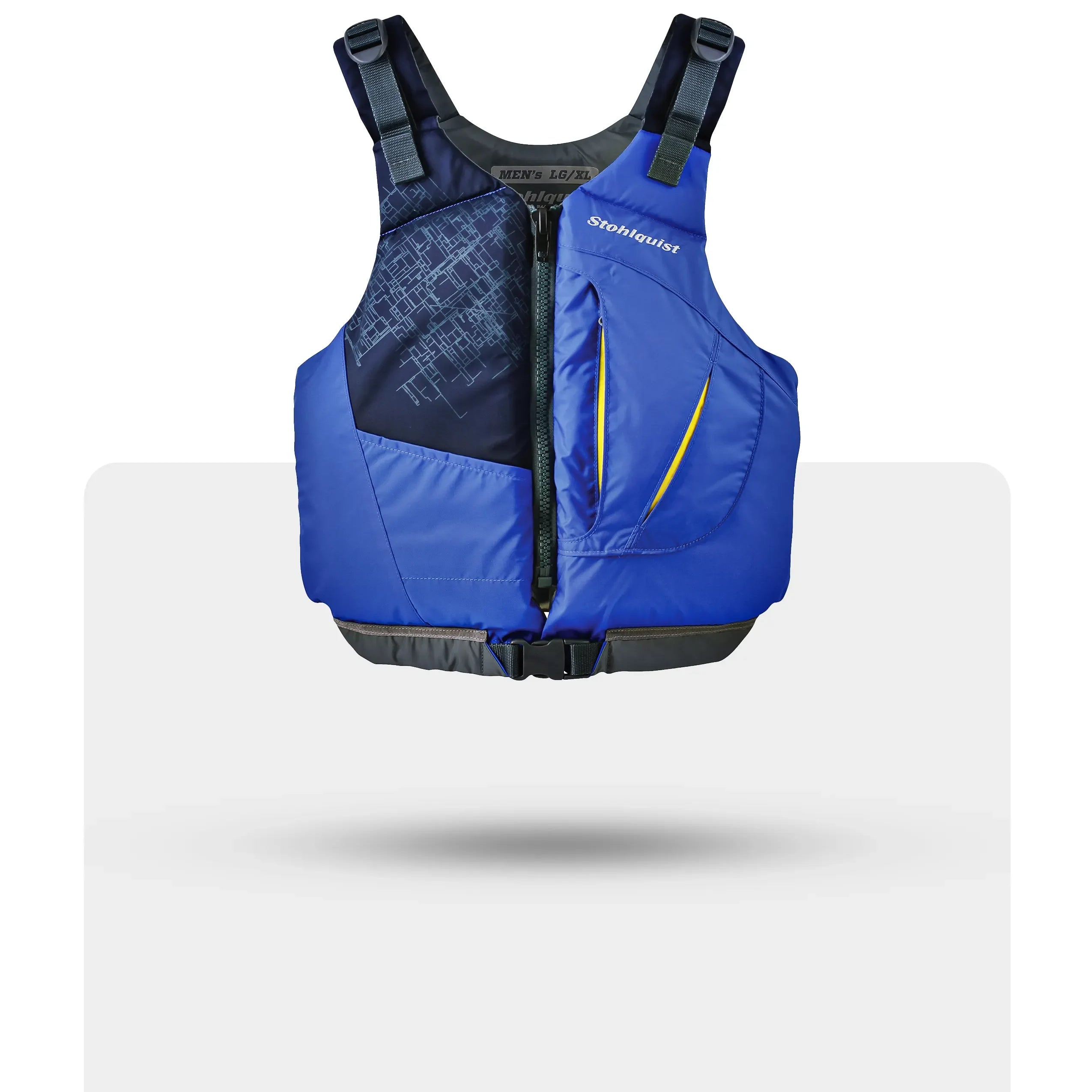 Stohlquist blue kayaking life jacket with black straps and geometric pattern, front view
