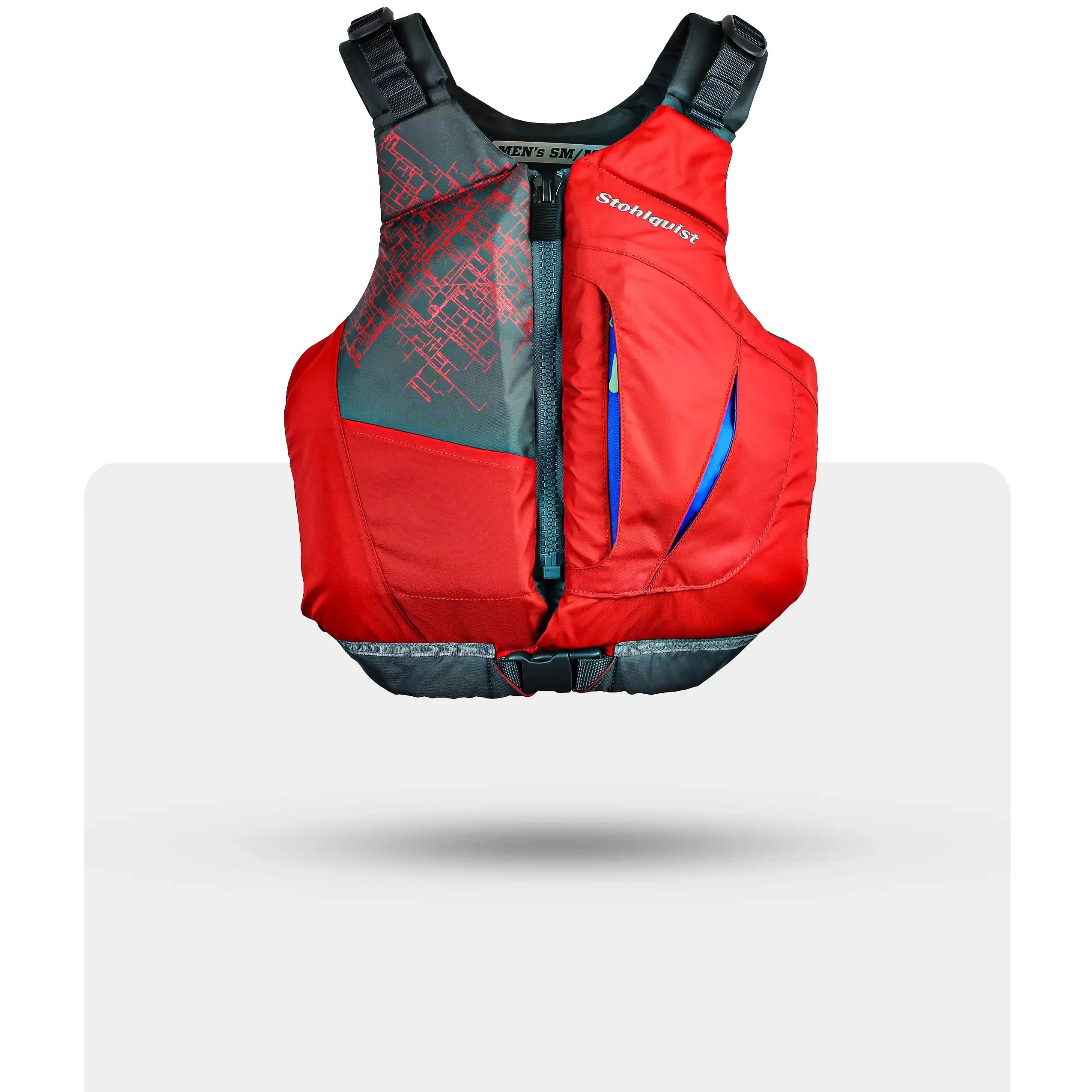 Stohlquist red kayaking life jacket with front zipper and geometric pattern, isolated on white