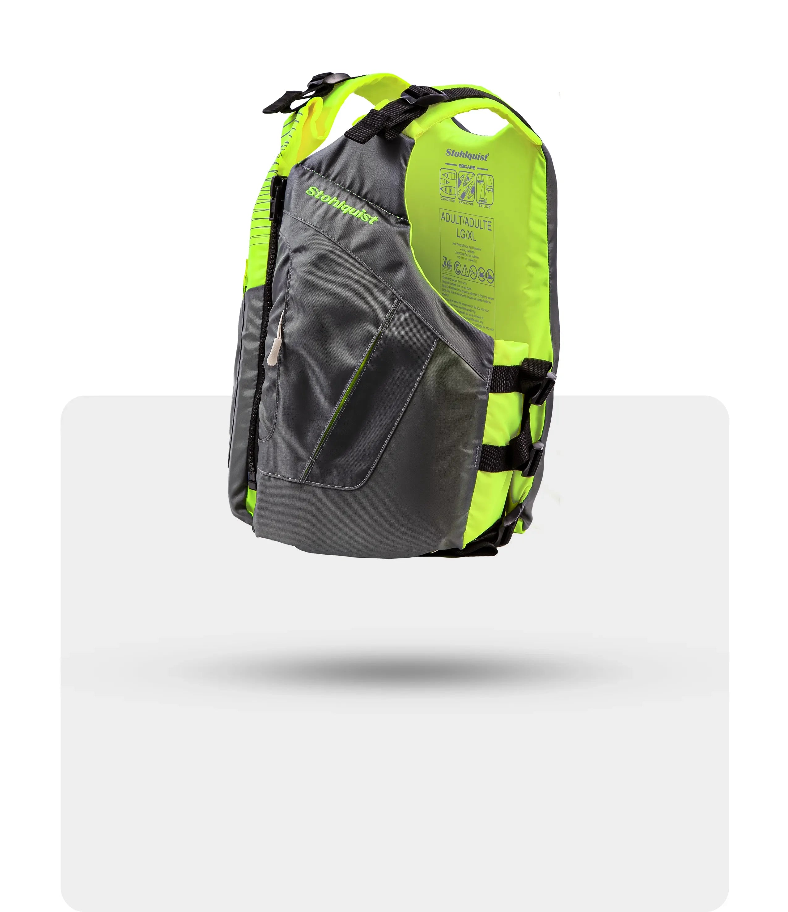 Stohlquist Escape Storm Cloud life jacket in gray and neon yellow, side view, for kayaking safety