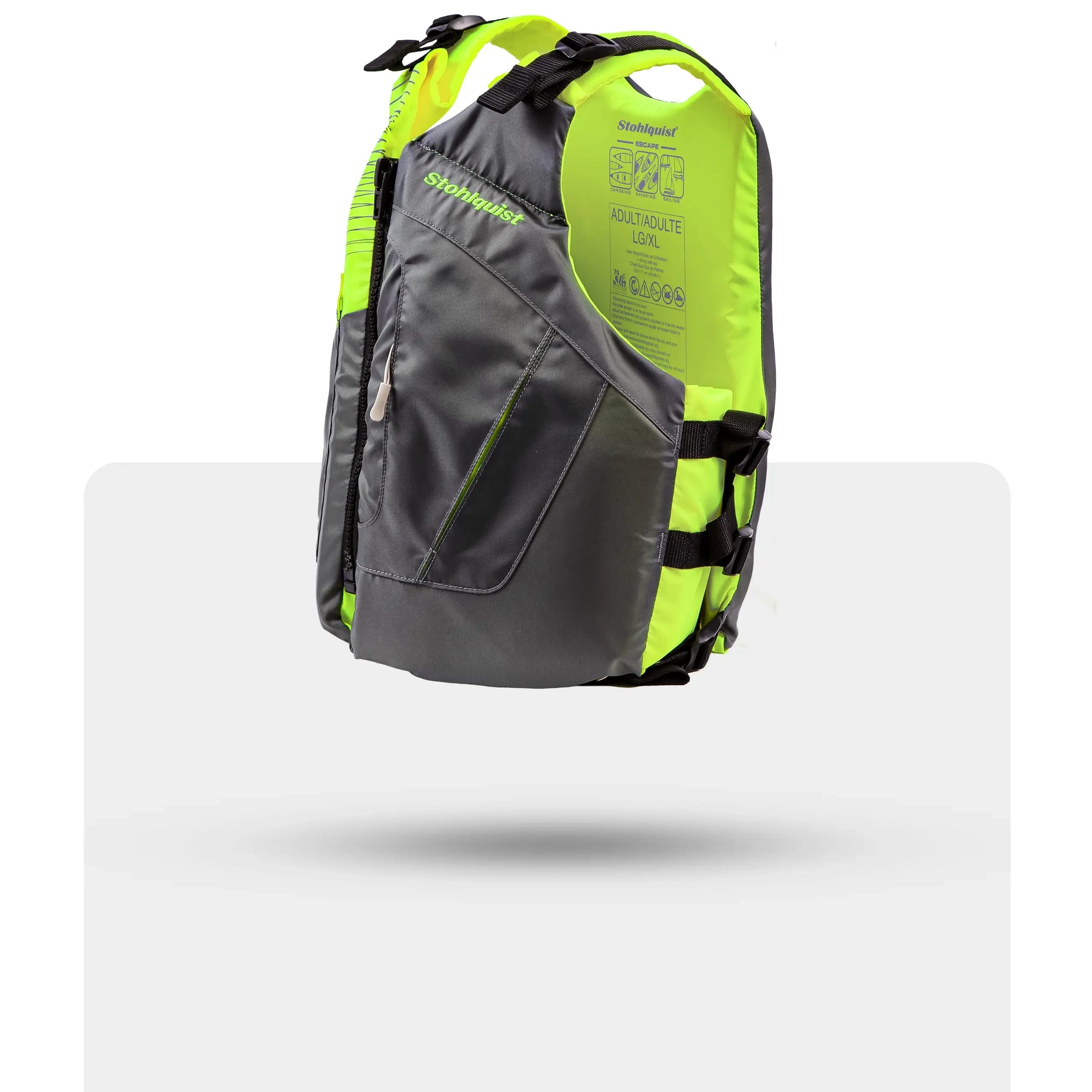 Stohlquist Escape Storm Cloud life jacket in gray and neon yellow, side view, for kayaking safety