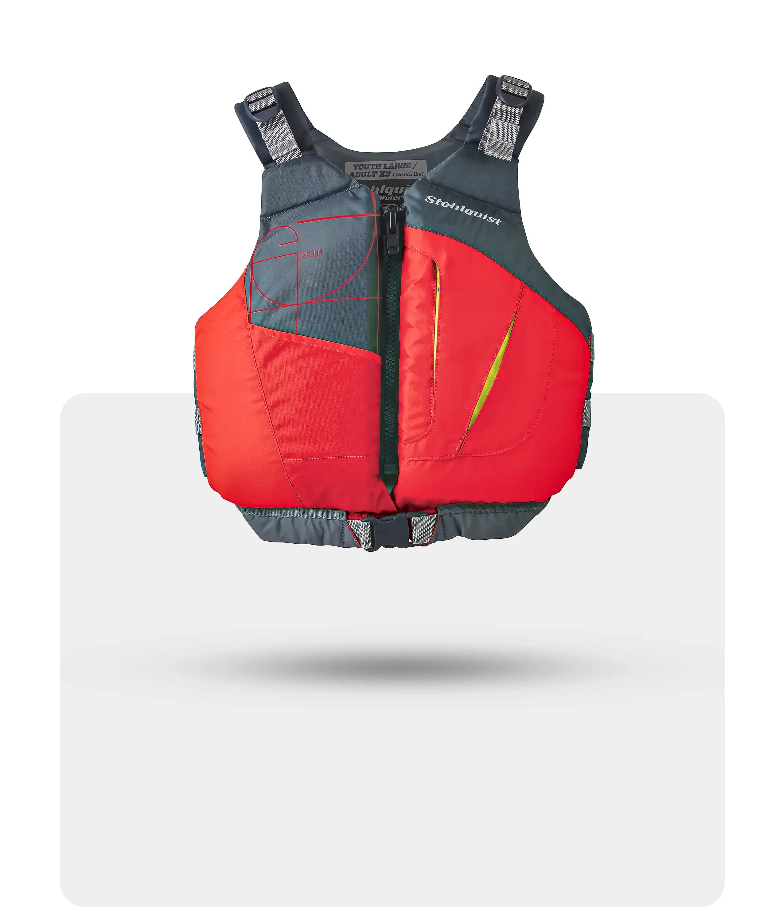 Stohlquist red youth and adult kayaking life jacket with front zipper and pocket