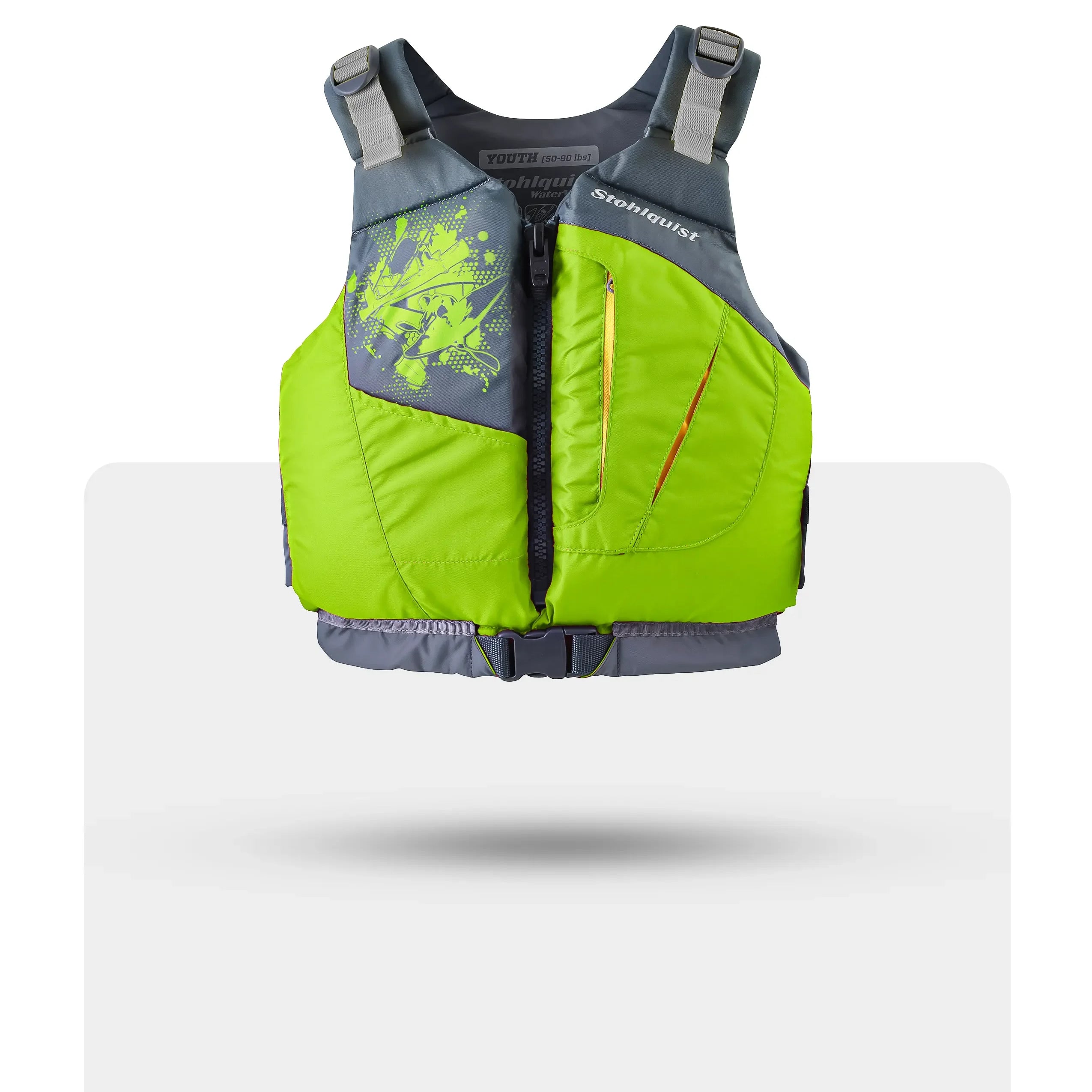 Stohlquist youth lime green kayaking life jacket with front zipper and gray trim