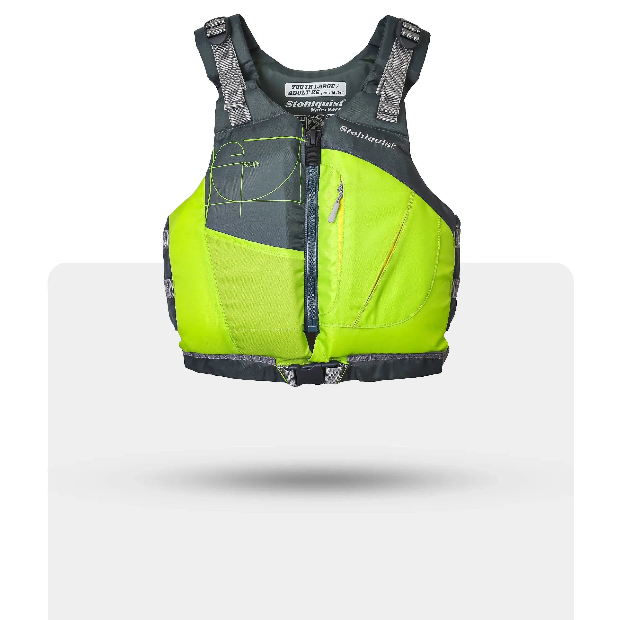 Stohlquist lime green youth adult kayaking life jacket with front zipper and pocket