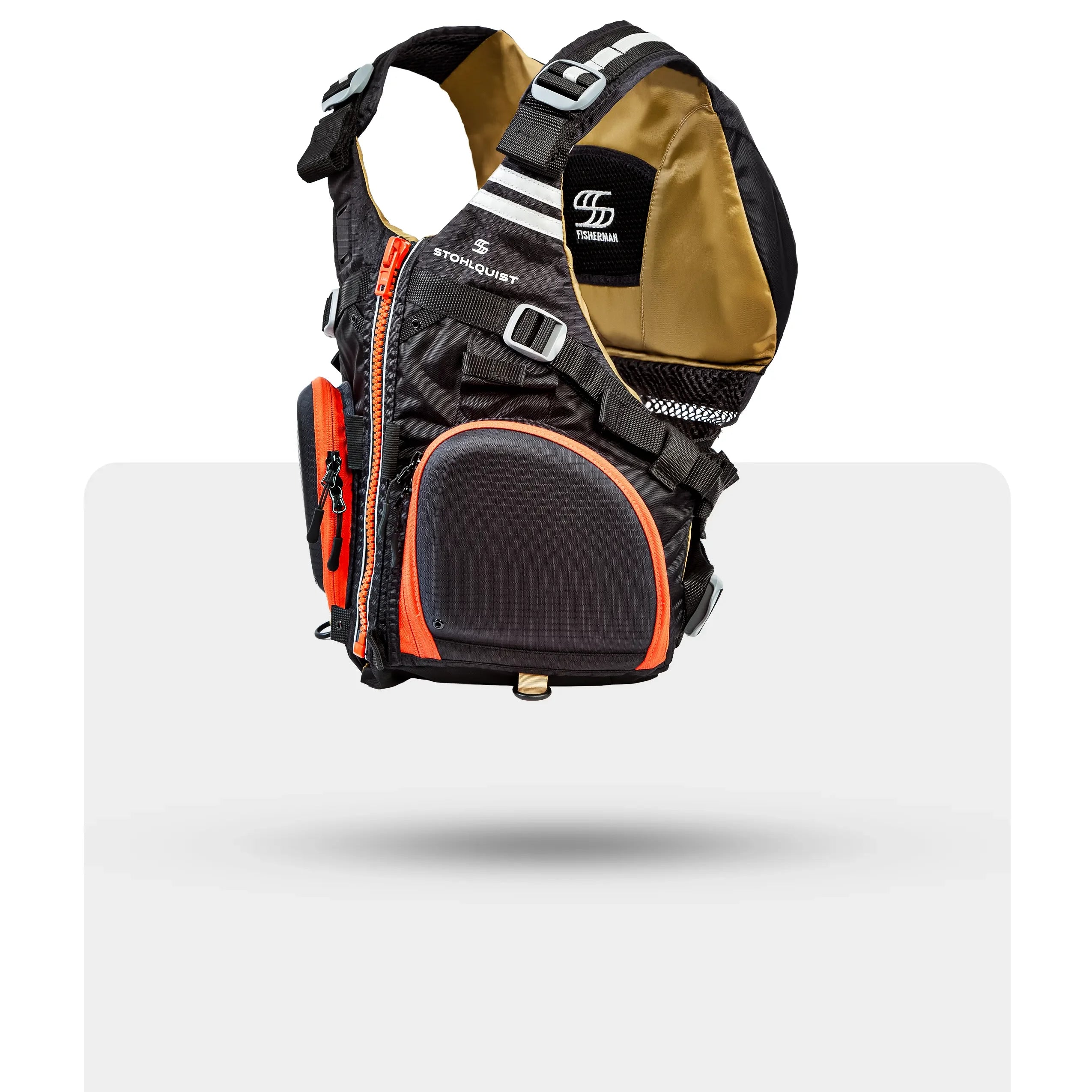 Stohlquist black and tan fishing life jacket with front zip, pockets, and reflective accents