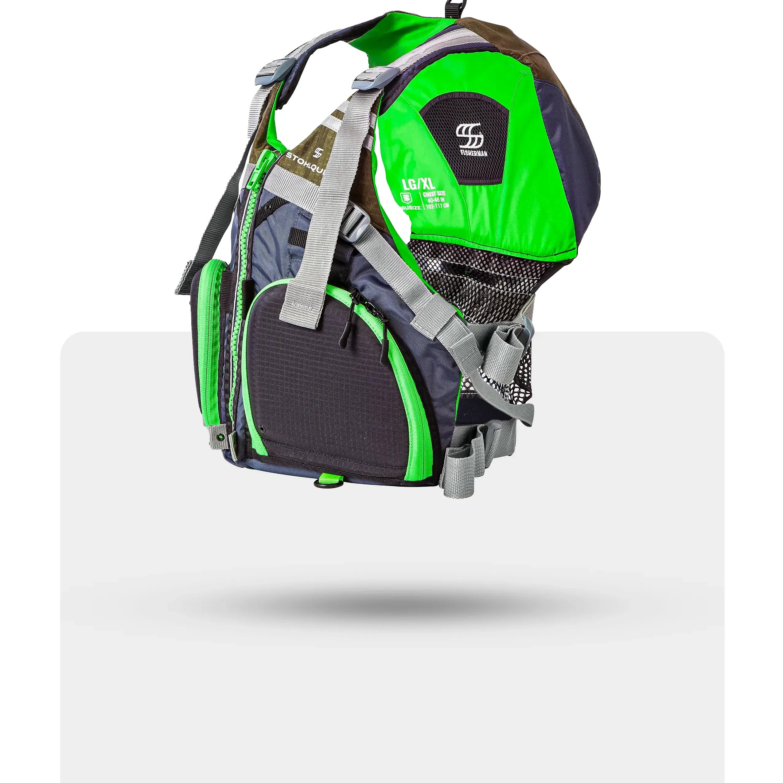 Stohlquist green fishing life jacket with pockets, adjustable straps, and mesh details