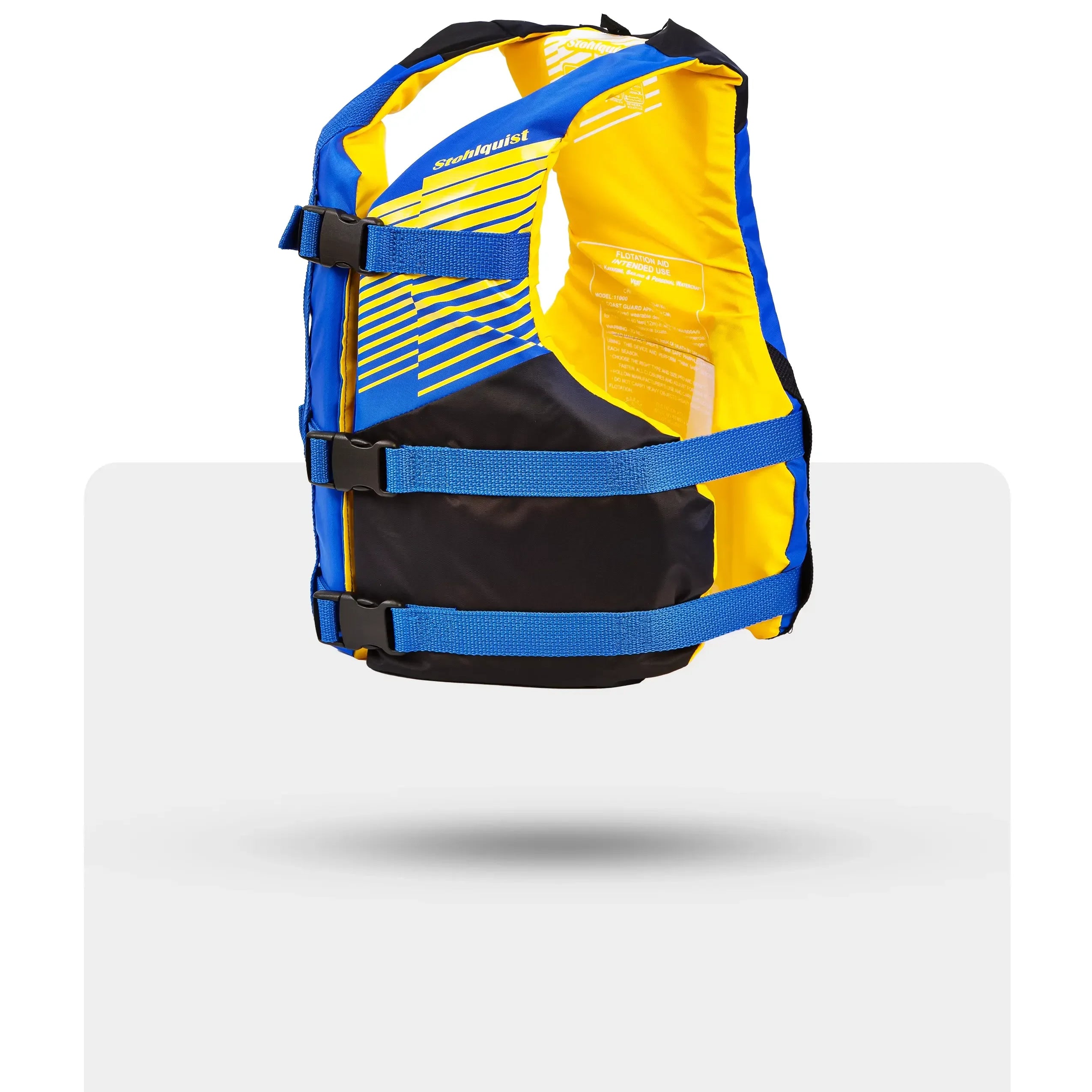 Stohlquist blue and yellow kayaking life jacket with adjustable straps, side view