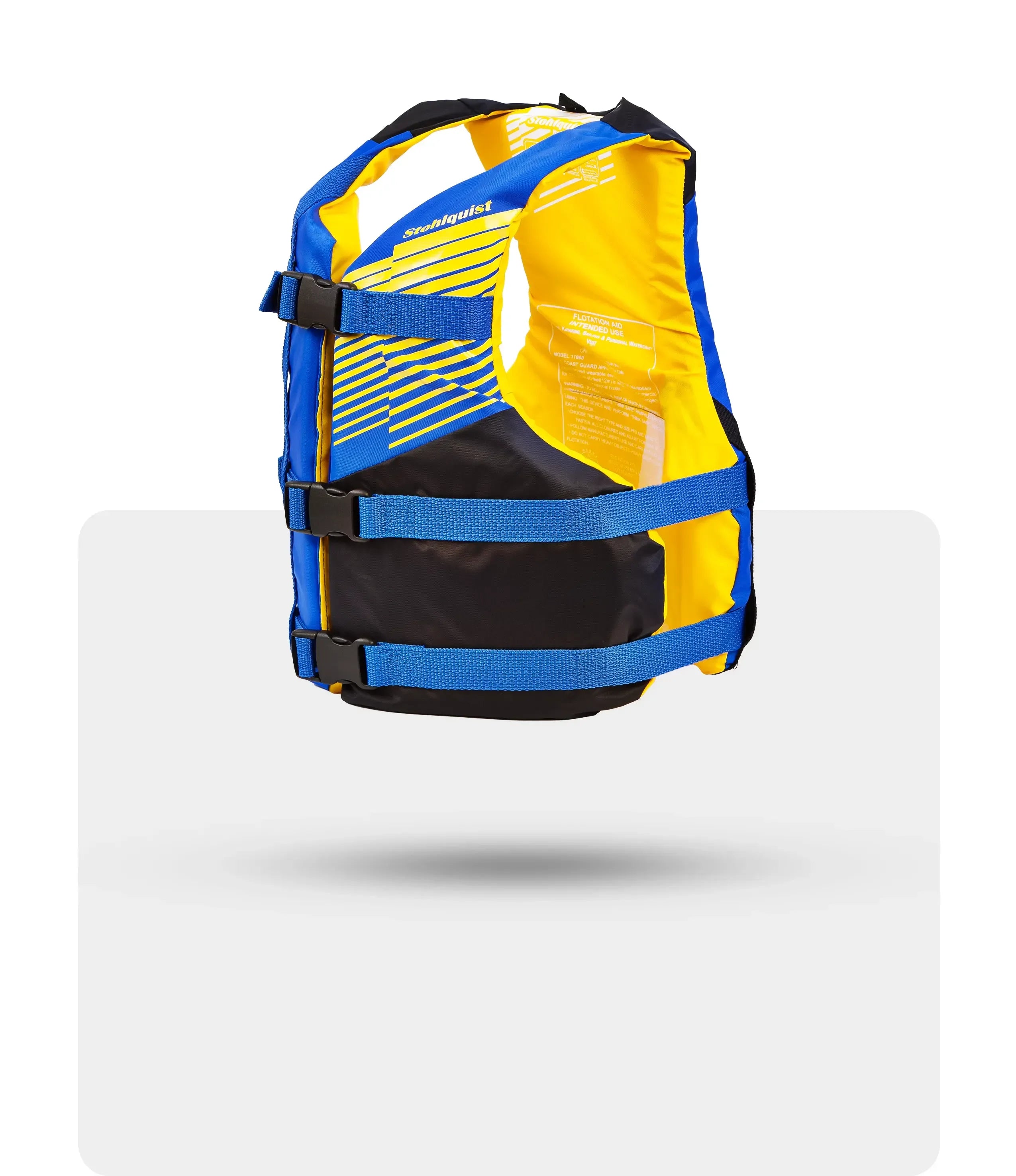 Stohlquist blue and yellow kayaking life jacket with adjustable straps, side view