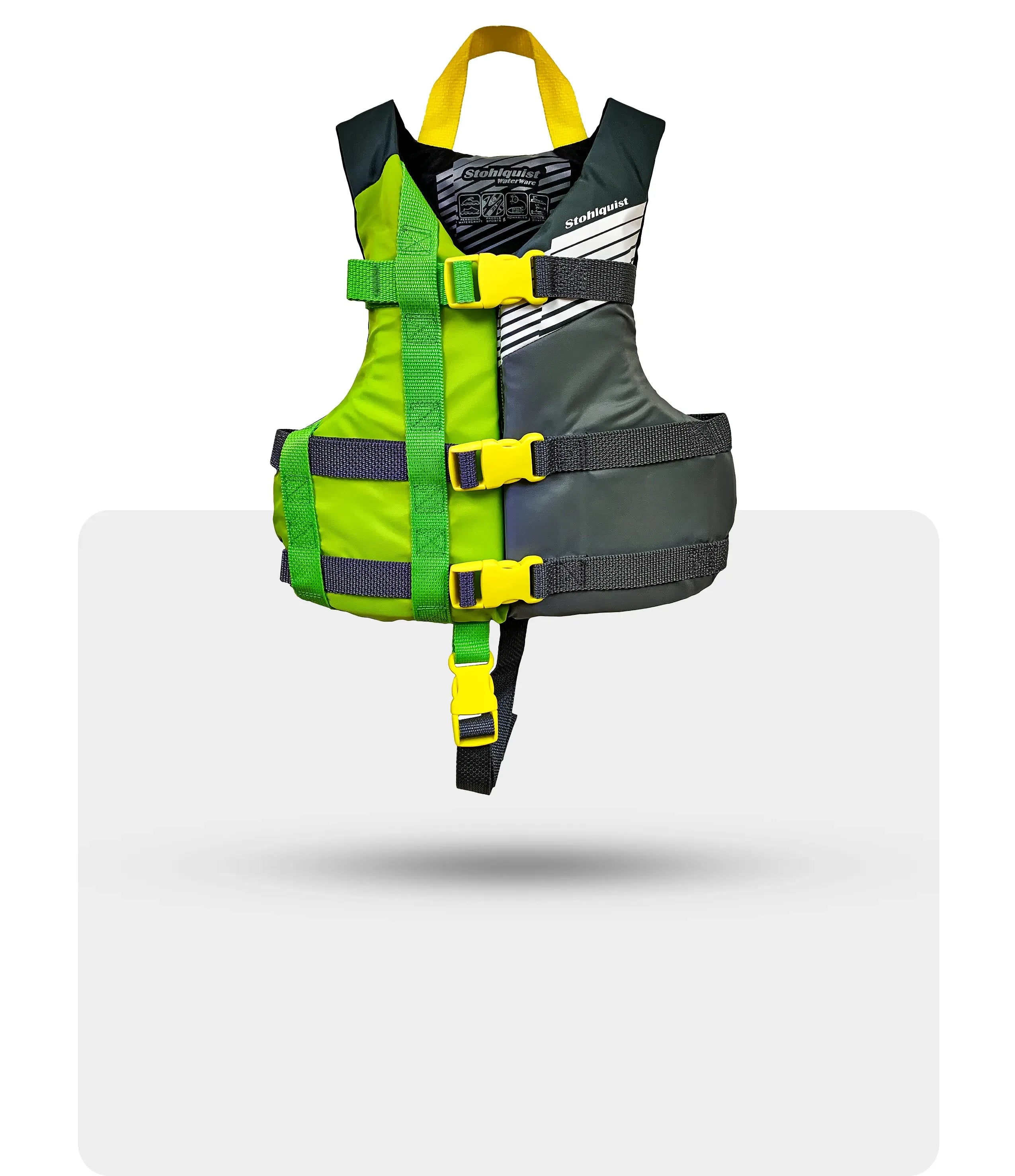 Stohlquist kids' gray and green kayaking life jacket with yellow straps on white background
