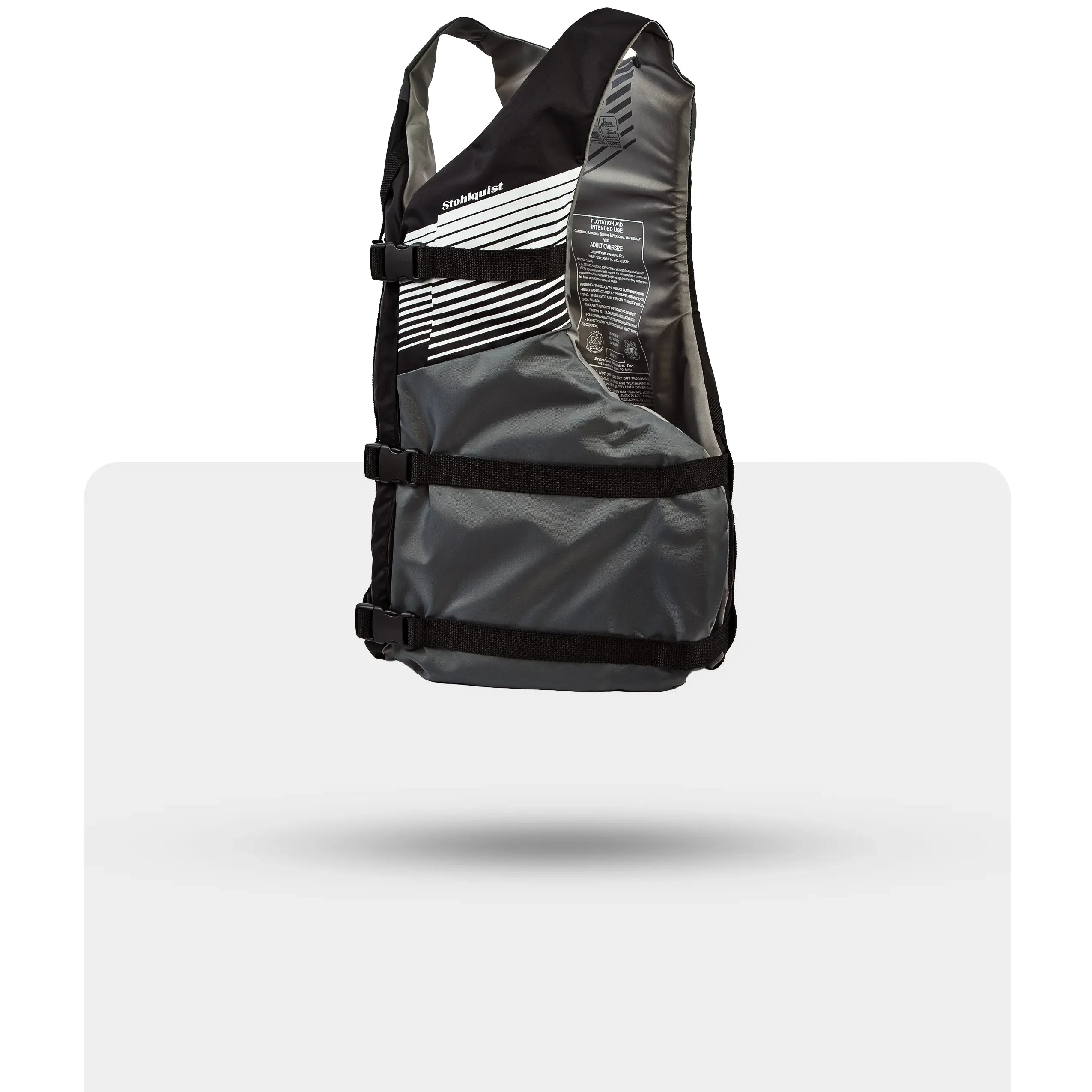 Stohlquist gray and black kayaking life jacket with adjustable straps, side view