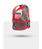 Stohlquist red and gray kayaking life jacket with adjustable straps, side view