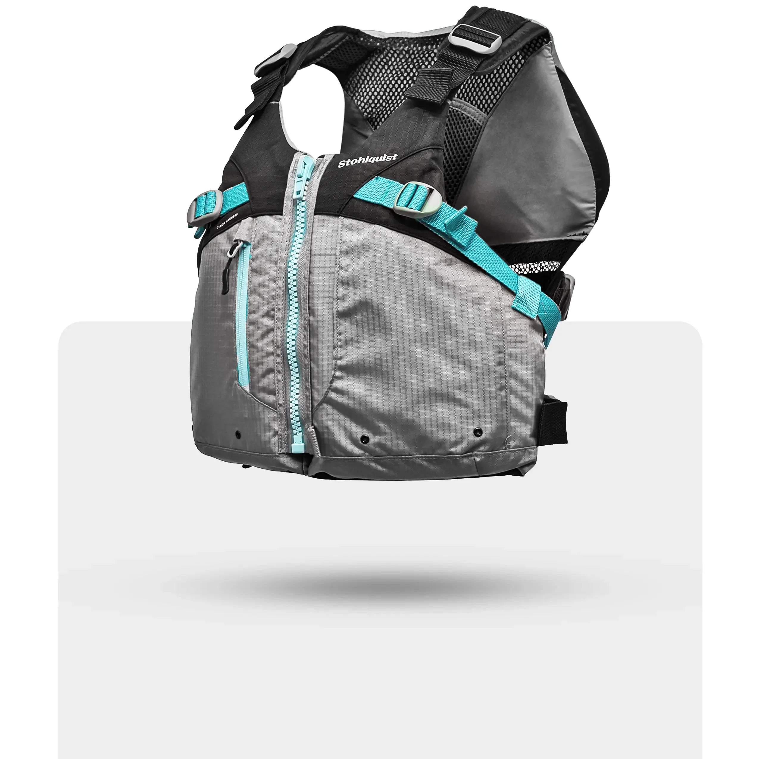 Stohlquist gray kayak life jacket with aqua accents and front zipper for paddling safety