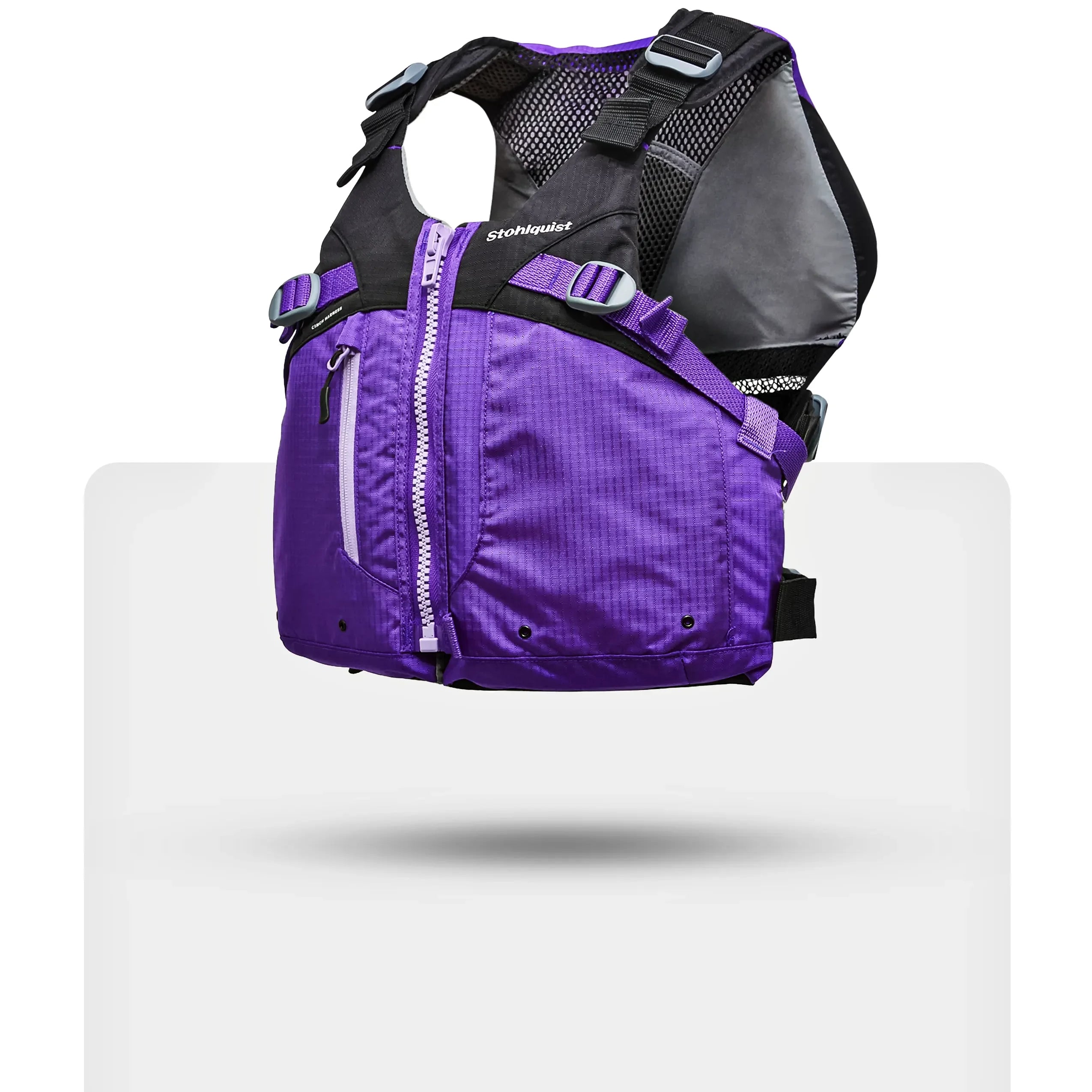 Stohlquist purple and black kayaking life jacket with mesh back and front zipper
