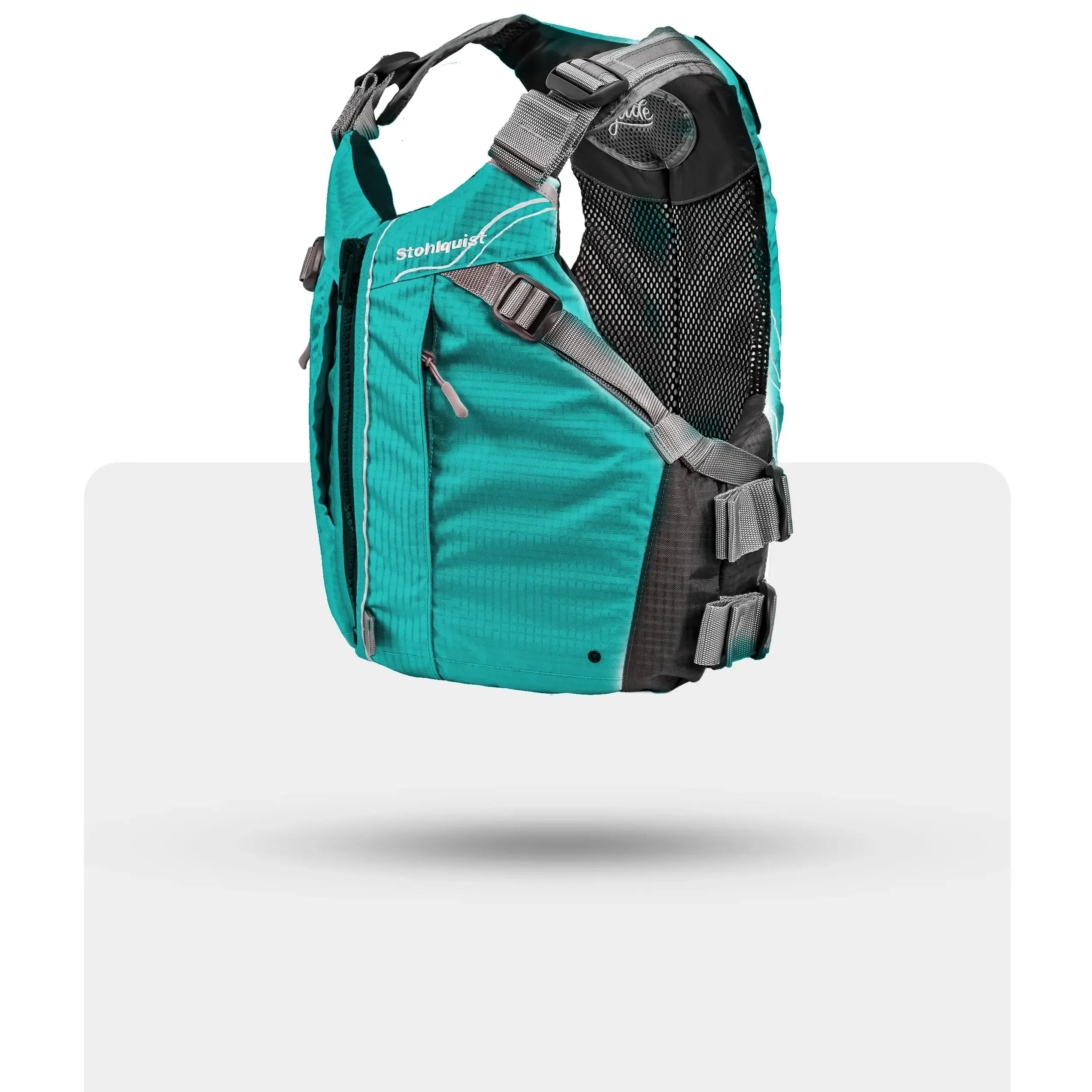 Stohlquist turquoise kayak life jacket with adjustable straps and mesh back, side view