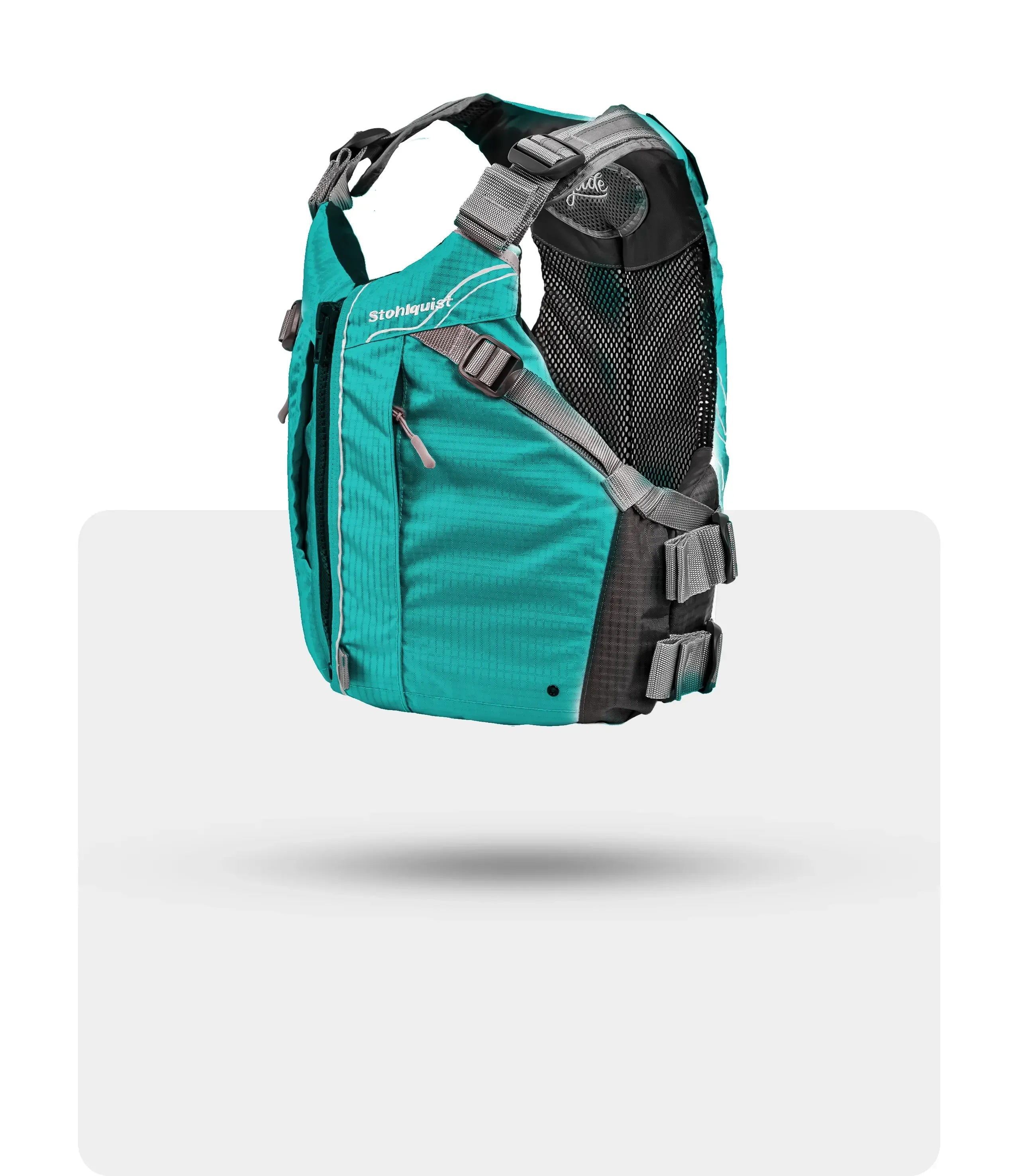 Stohlquist turquoise kayak life jacket with adjustable straps and mesh back, side view