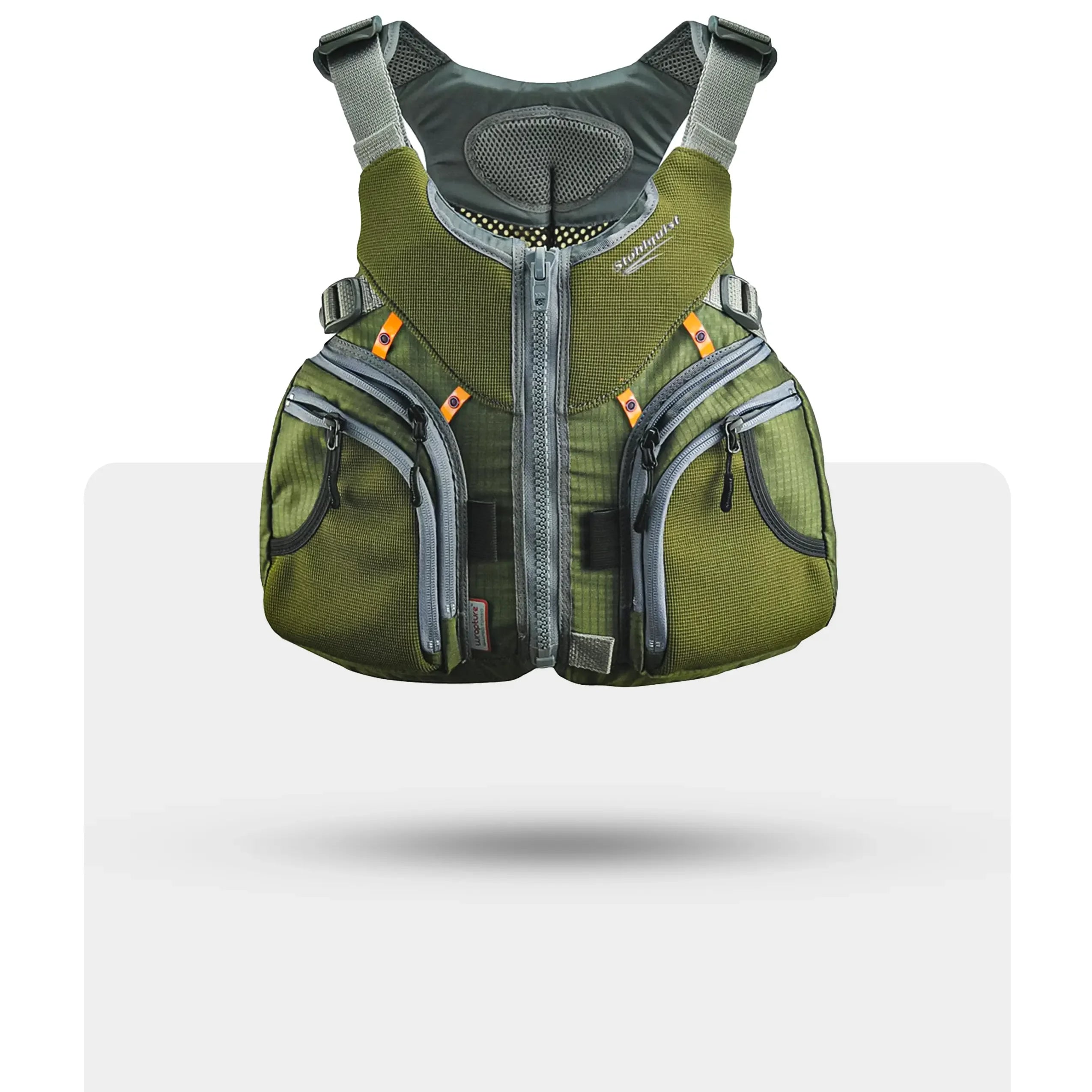 Stohlquist green kayaking life jacket with front zipper and multiple storage pockets