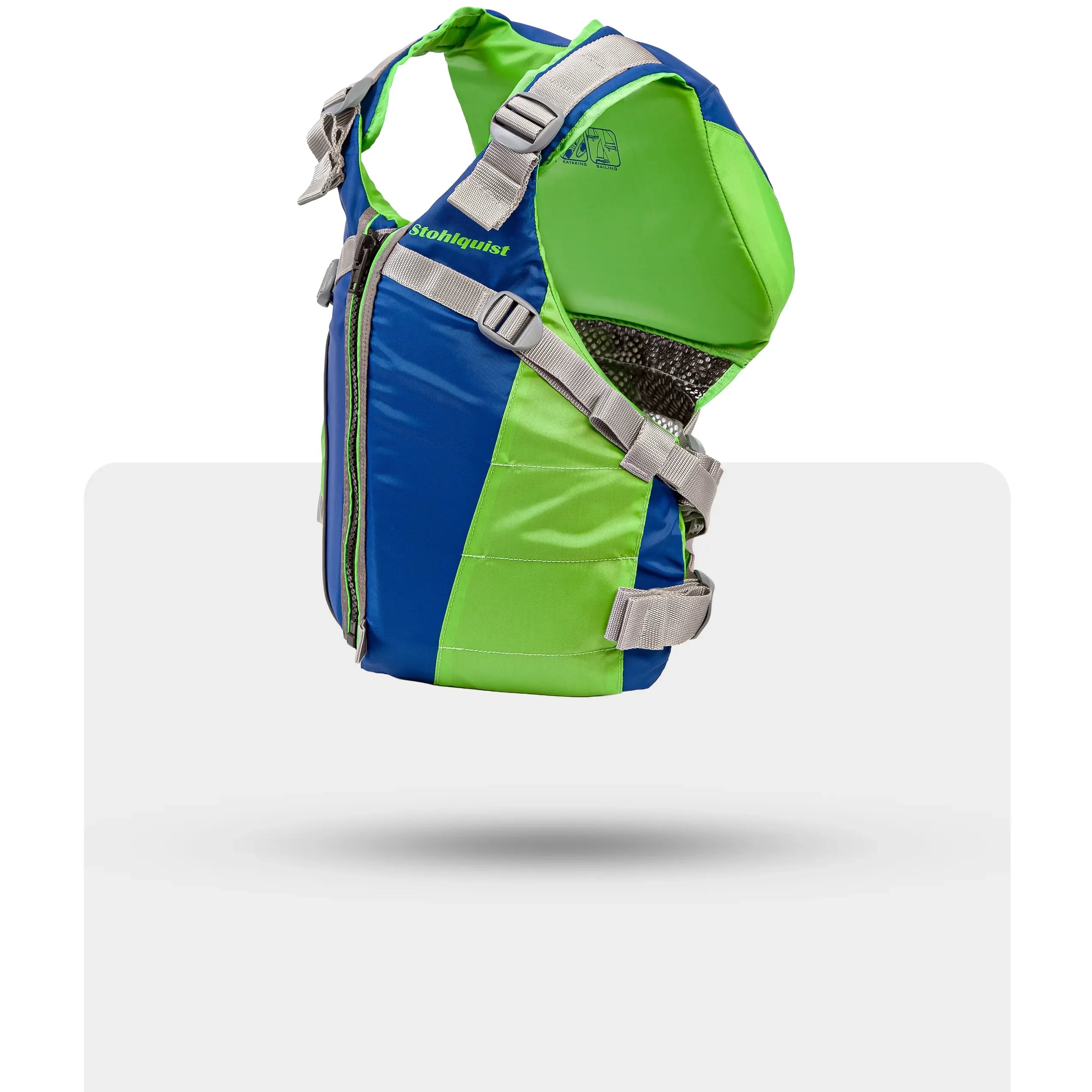 Stohlquist green and blue kayaking life jacket with adjustable straps, side view