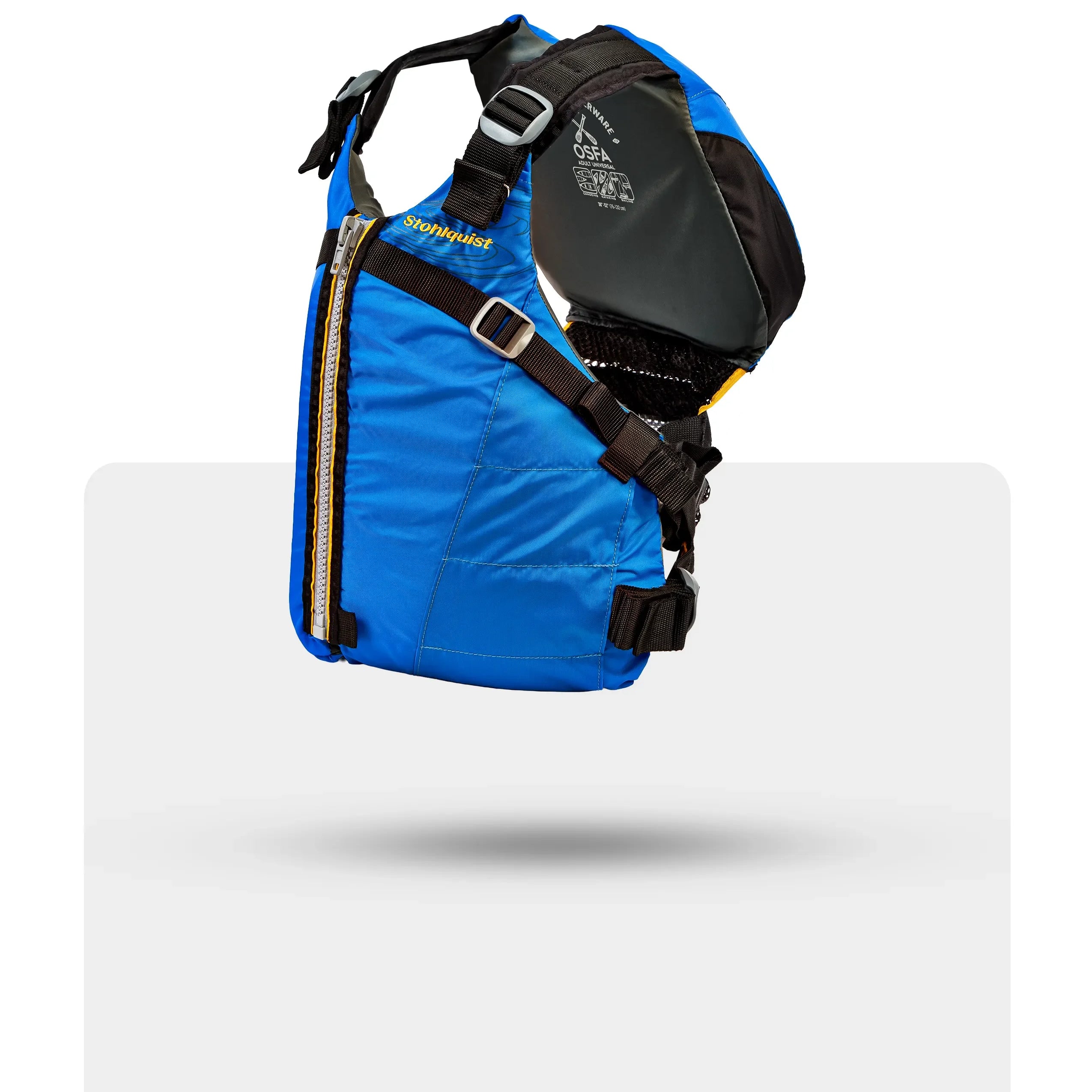 Stohlquist blue kayaking life jacket with adjustable straps, side view on white background