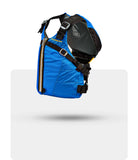 Stohlquist blue kayaking life jacket with adjustable straps, side view on white background