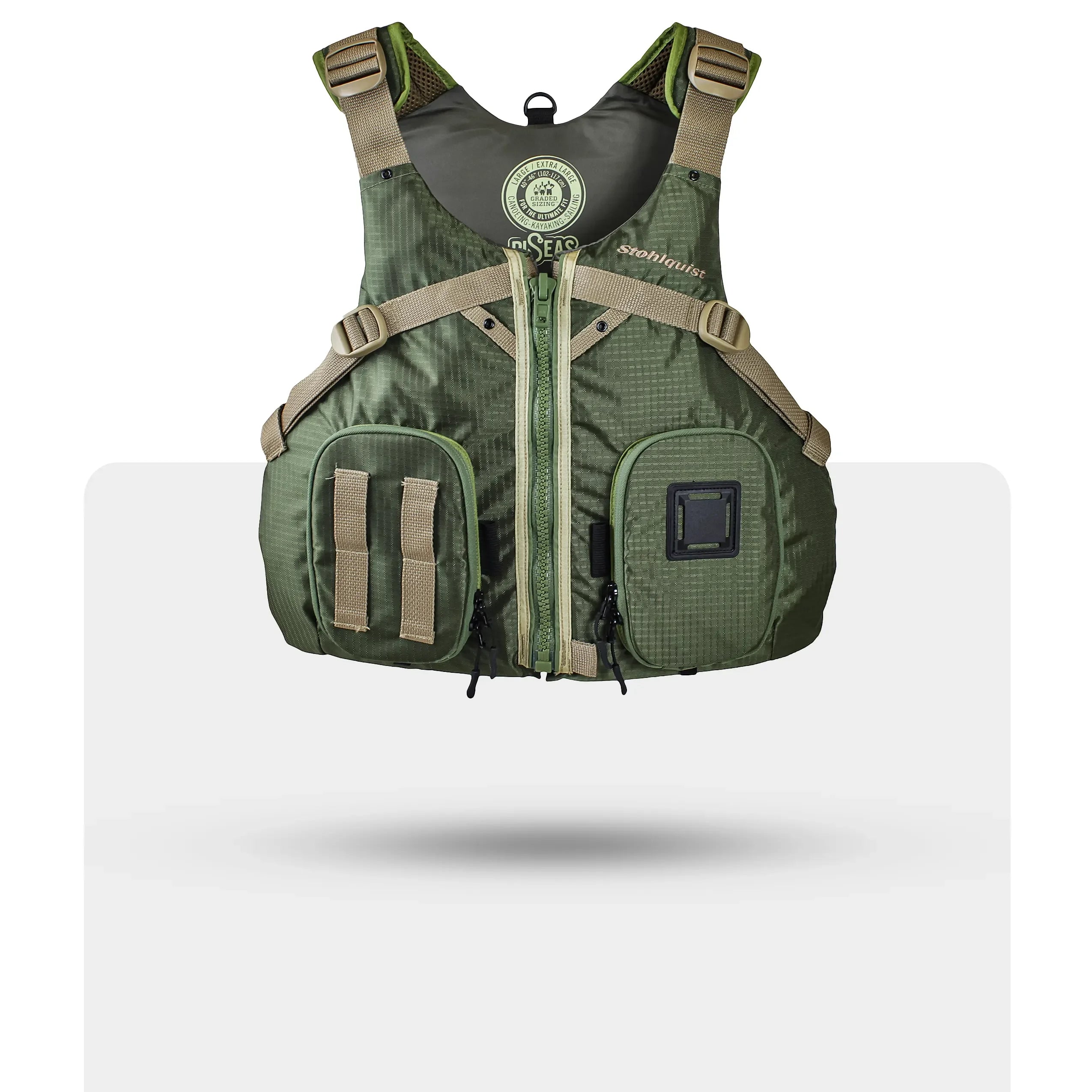 Stohlquist green kayaking life jacket with pockets and adjustable straps, front view