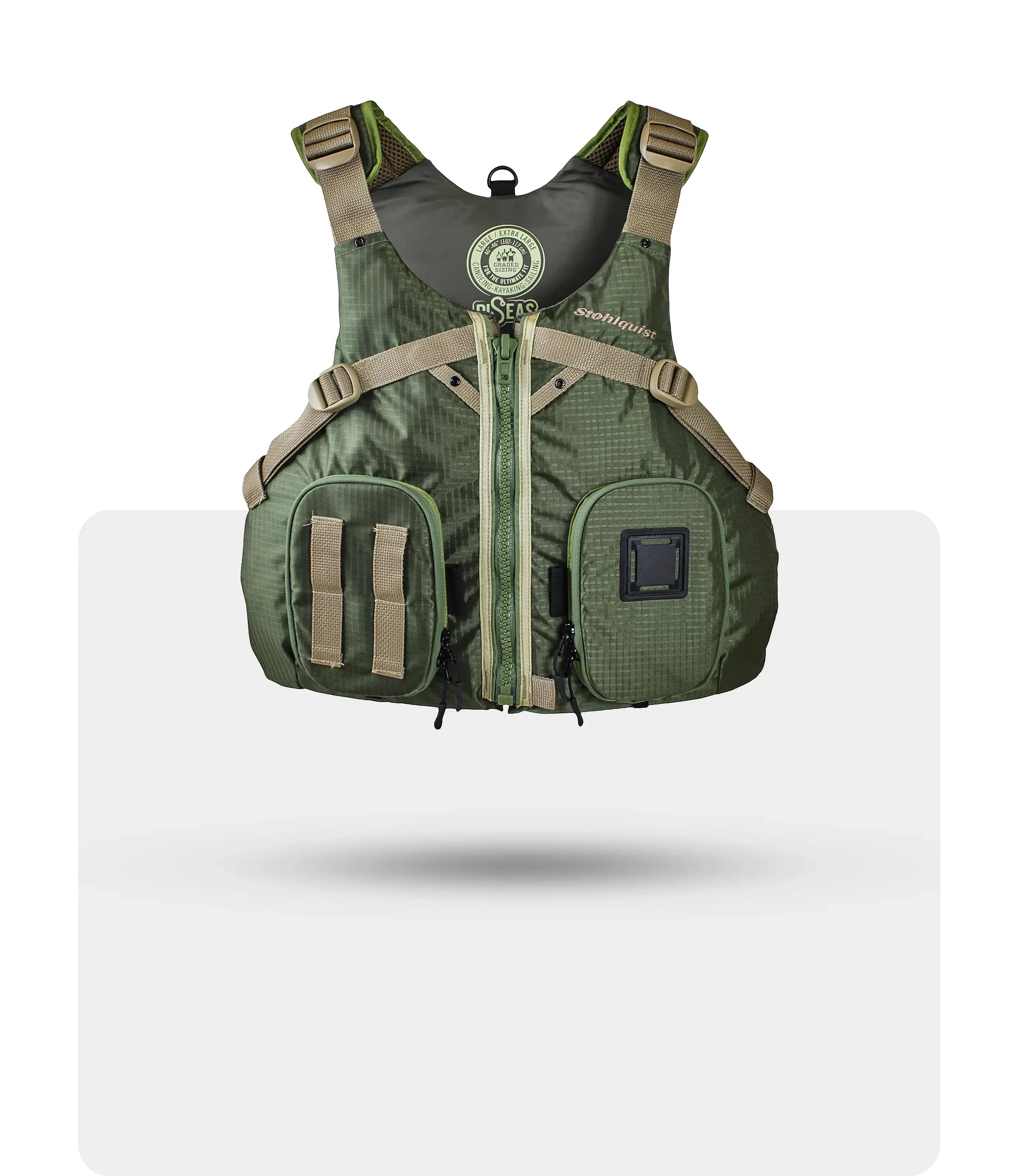 Stohlquist green kayaking life jacket with pockets and adjustable straps, front view