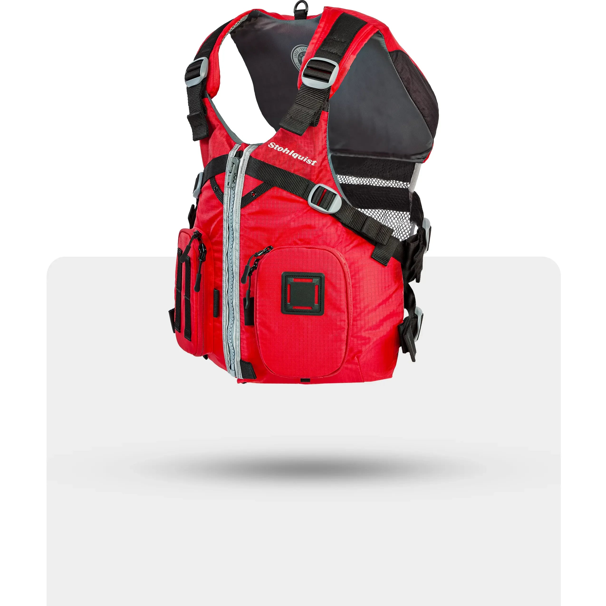 Stohlquist red kayaking life jacket with pockets and adjustable straps, product side view